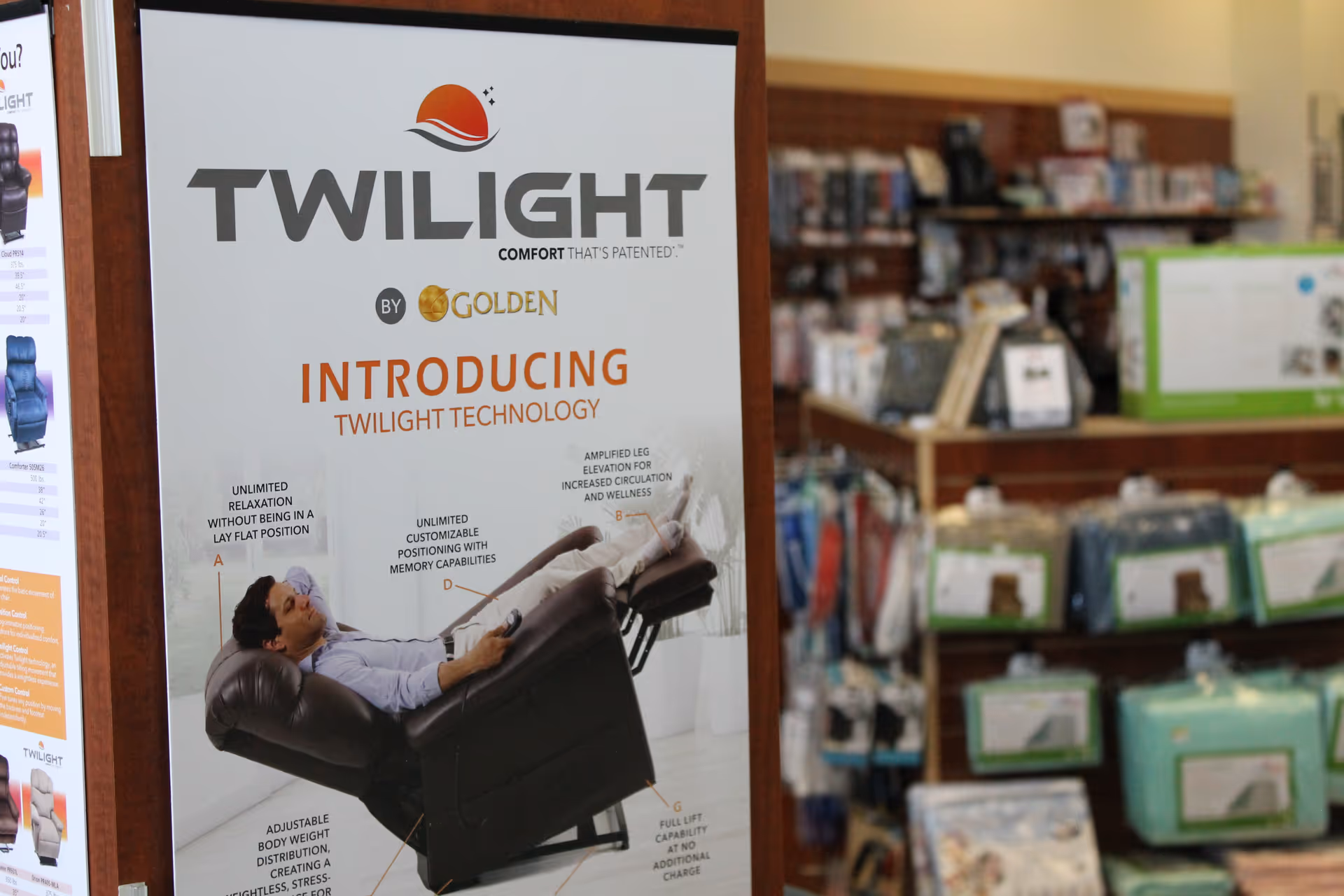 Interior store area with a Twilight recliner advertisement and product shelves.