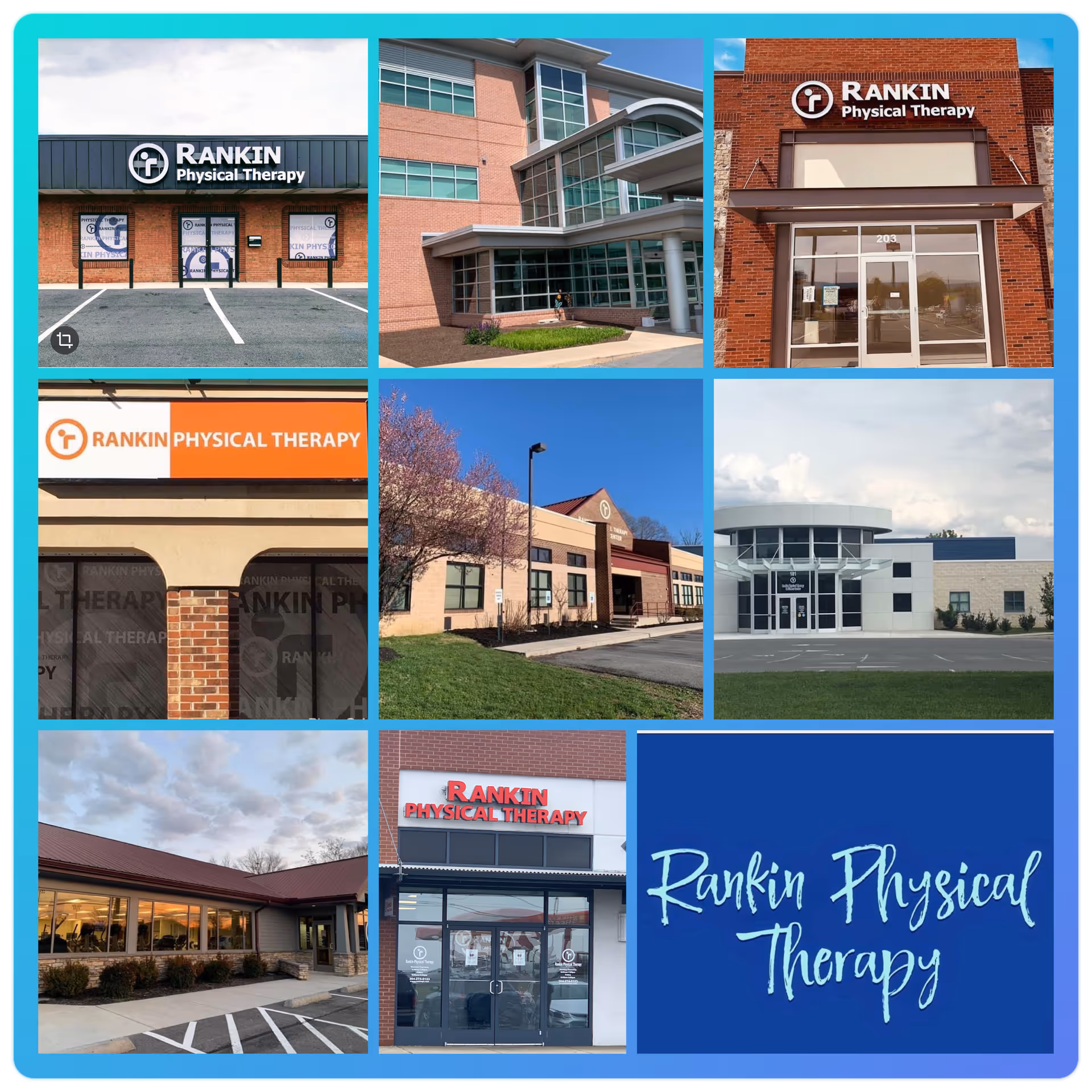 Collage of Rankin Physical Therapy building exteriors and storefronts across clinics