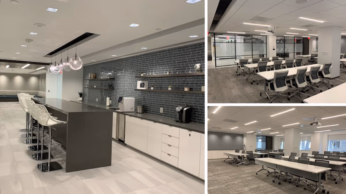 Modern facility interior with a kitchen/bar area and multiple conference rooms.