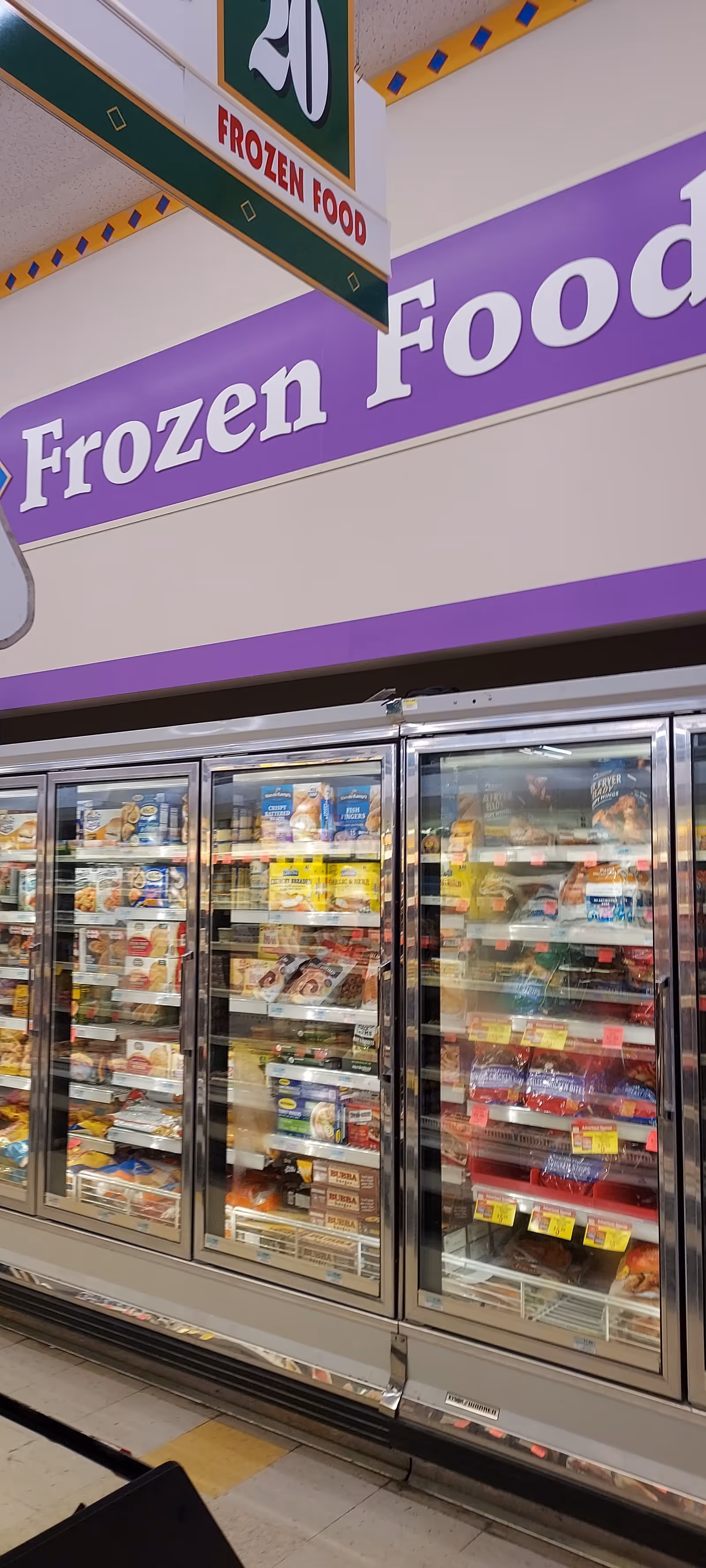 Inside Discount Drug Mart, glass-door freezers display various frozen foods.