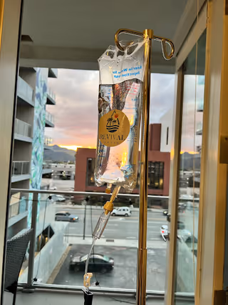 IV therapy bag on a stand inside a sunlit indoor room with a window view