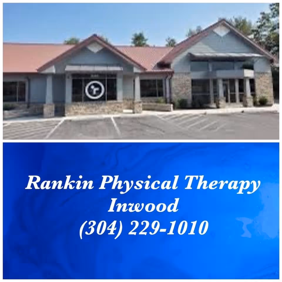 Exterior view of Rankin Rehabilitation facility with a blue sign in parking.