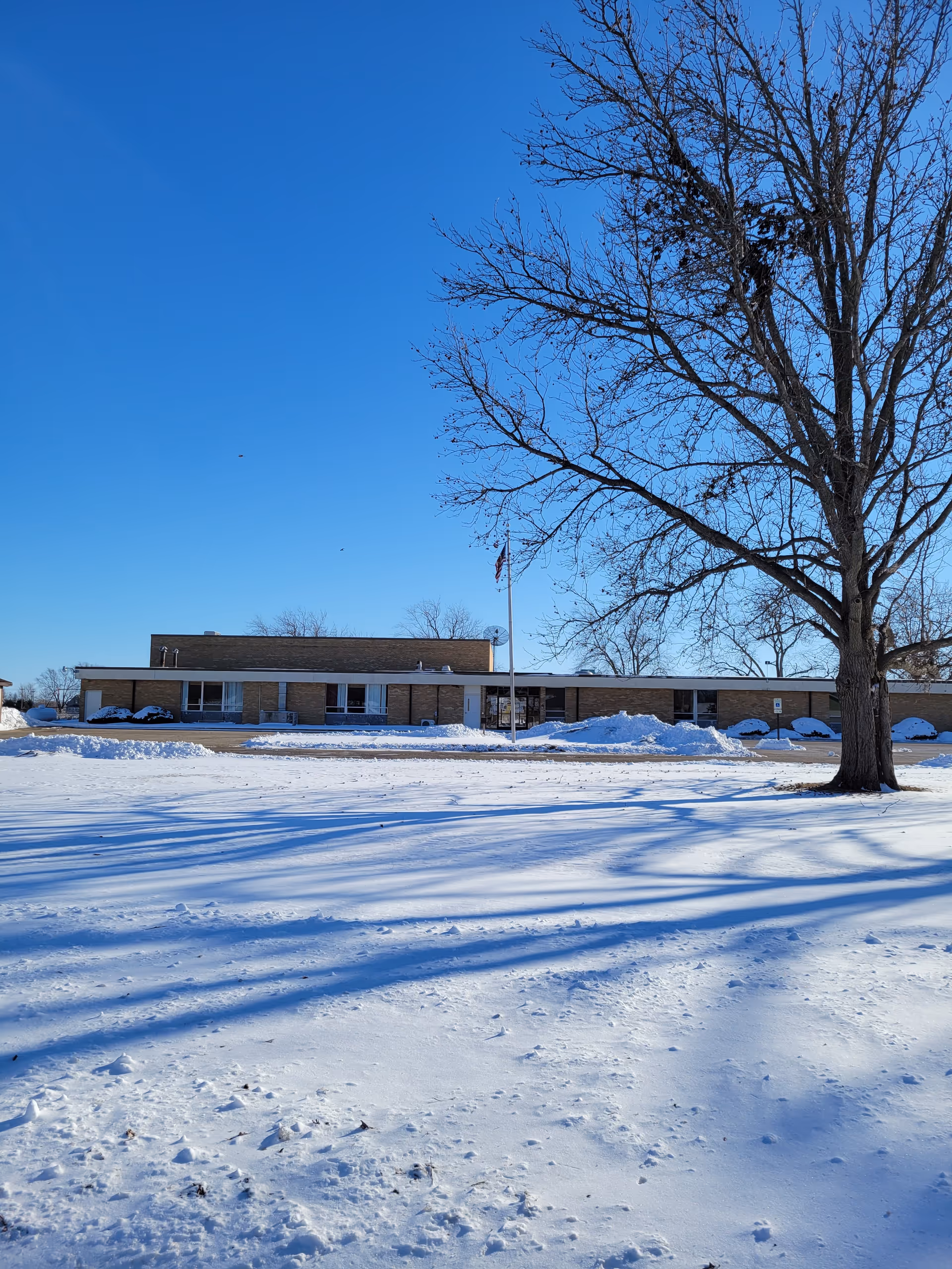 Snow-covered senior living facility exterior with a large tree in the foreground.