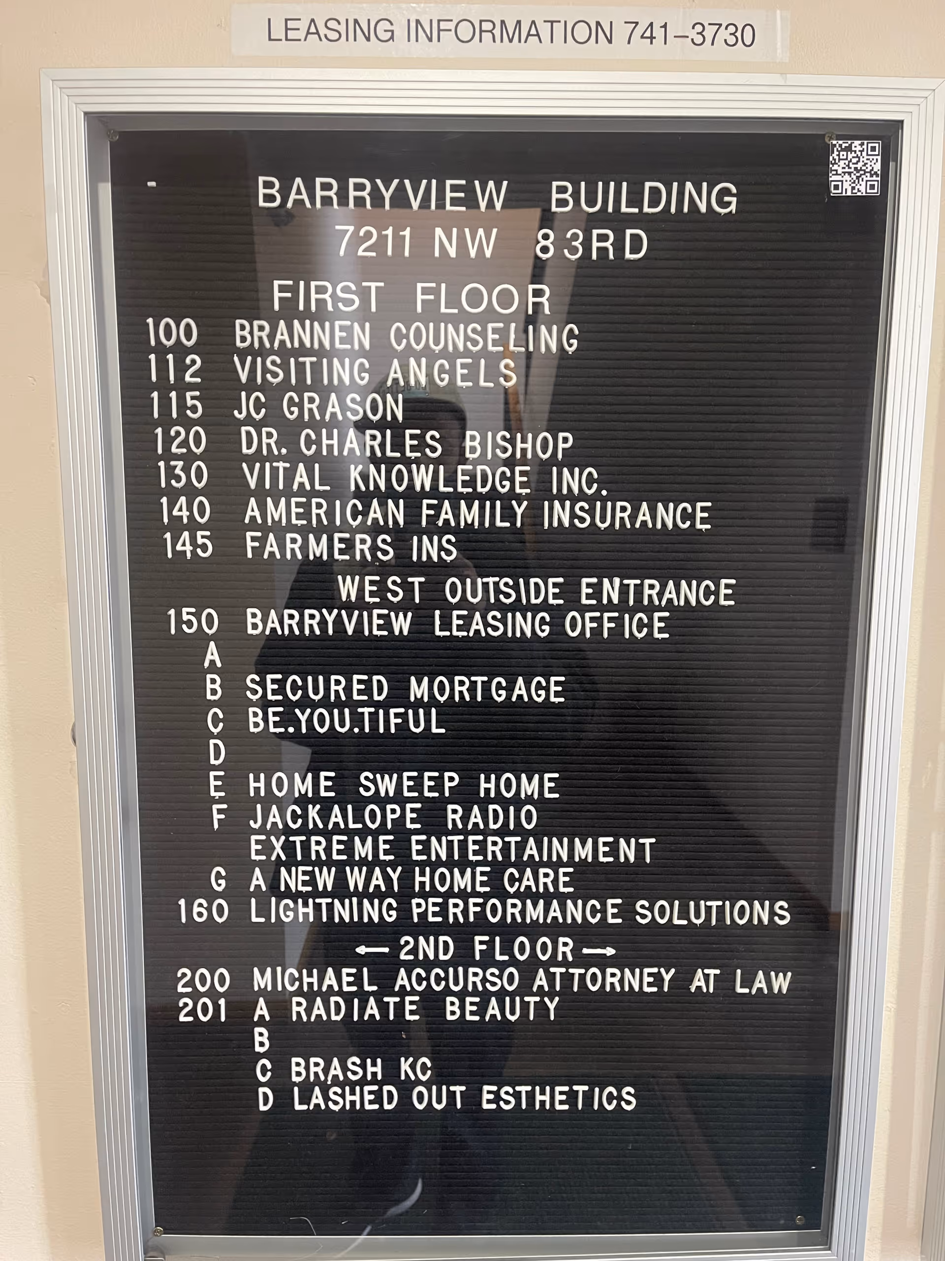 Indoor directory board in Barryview Building listing tenants, including A New Way Home Care