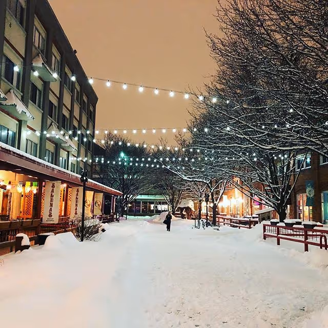 Snowy outdoor plaza between buildings with string lights and bare trees at night.