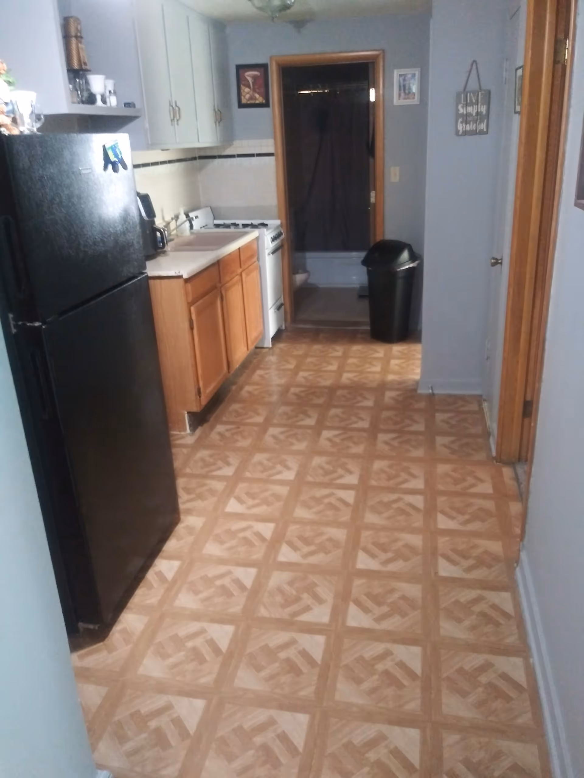 Narrow kitchen with a black refrigerator, wooden cabinets, stove, sink, and patterned floor.