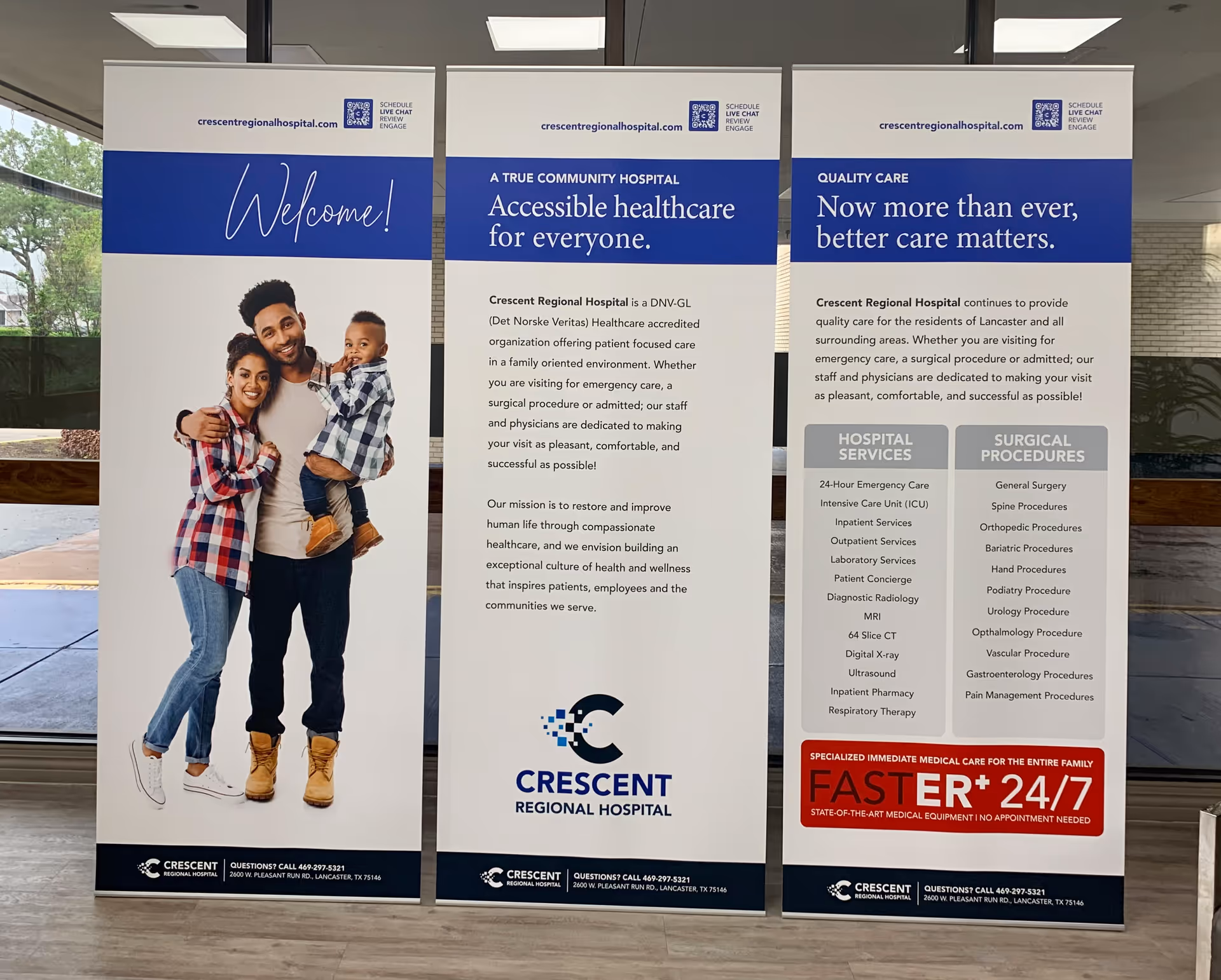 Three vertical banners displayed in a Crescent Regional Hospital lobby.