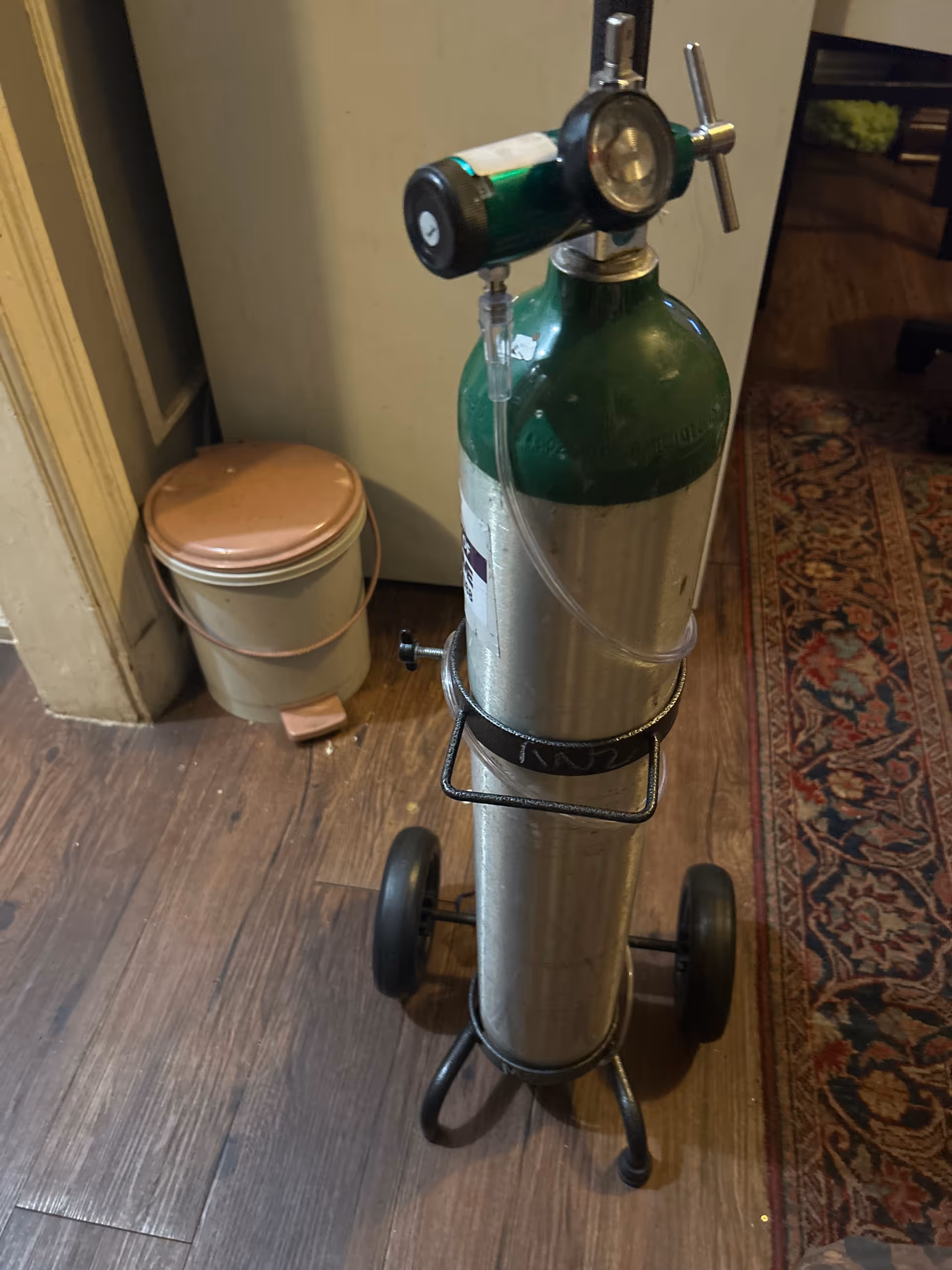 Green oxygen cylinder on a wheeled cart in an interior hallway.
