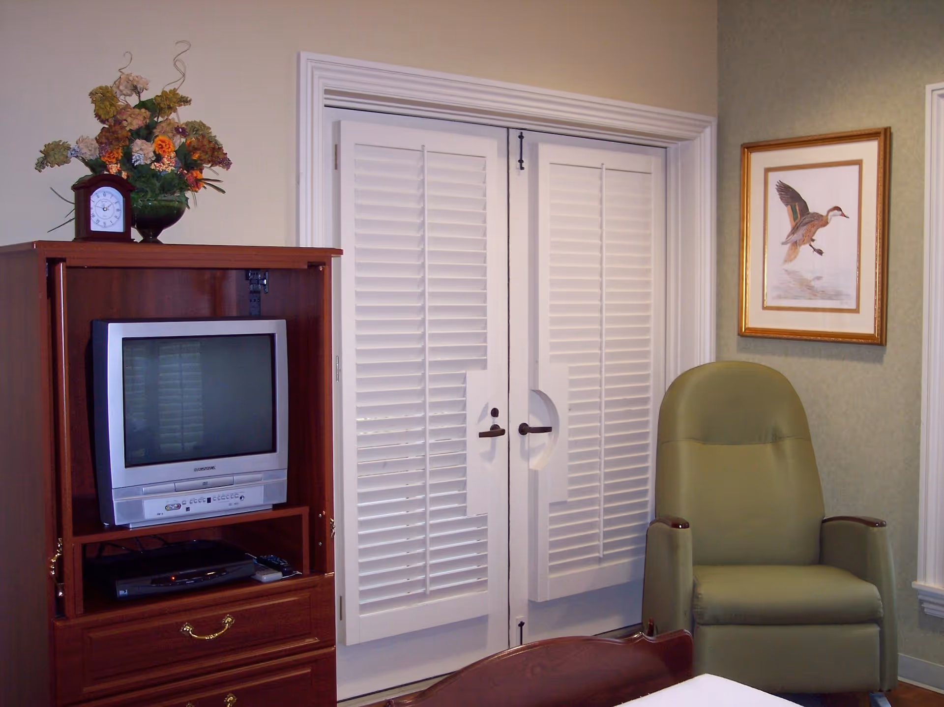TV in wooden cabinet beside a green armchair, closet doors, and framed bird artwork.