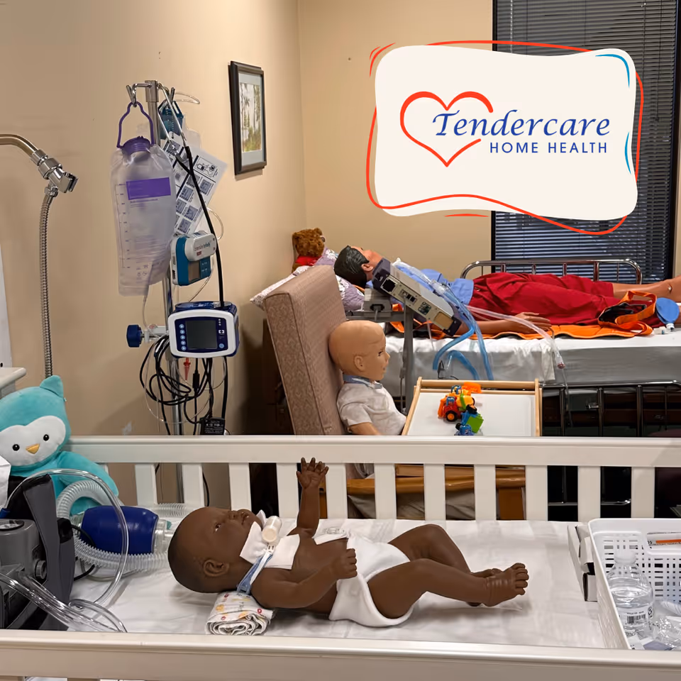 Interior of Tendercare facility featuring hospital beds, medical equipment, and patient dummies.