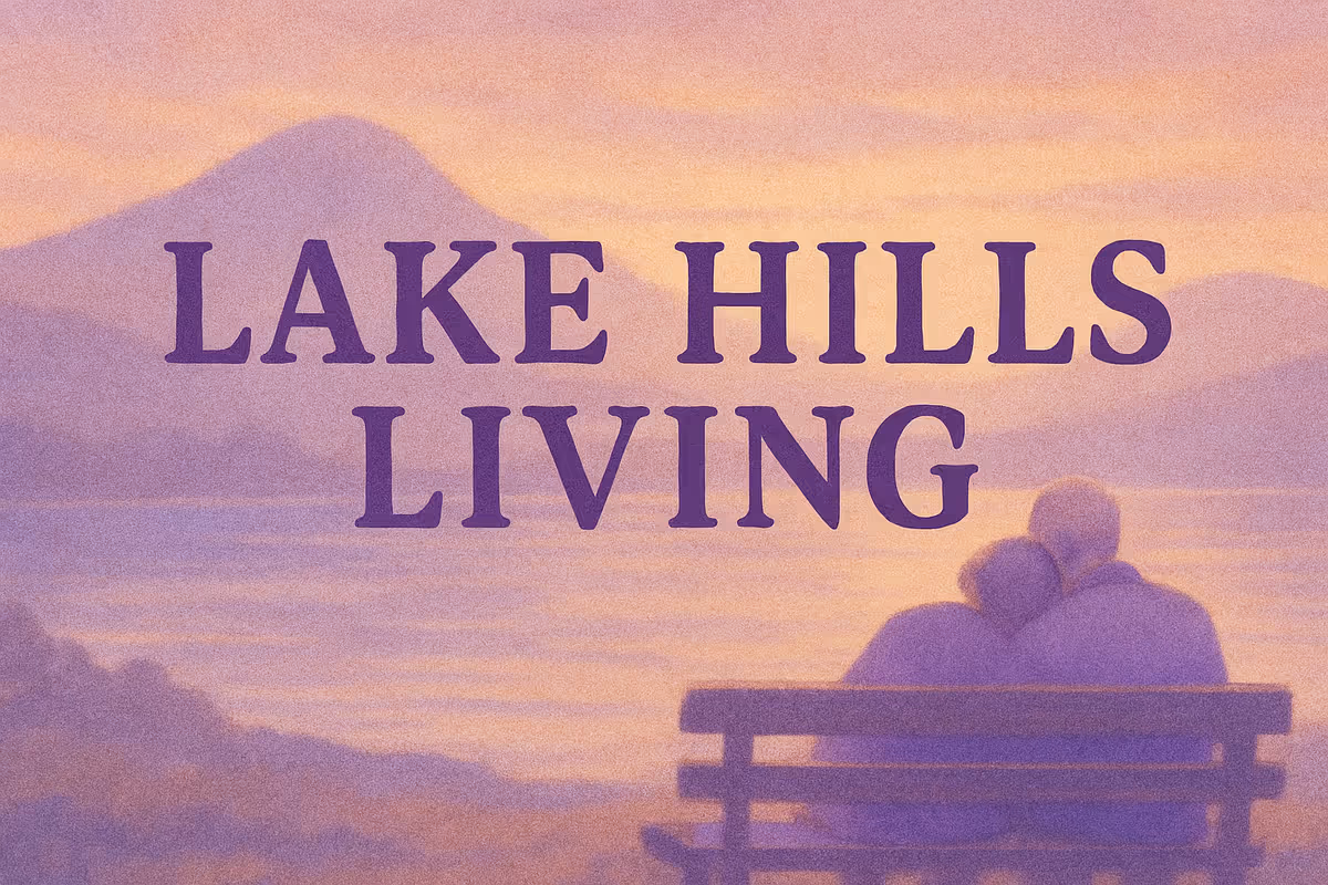 Outdoor scene with a bench and mountain backdrop, featuring the Lake Hills Living text.