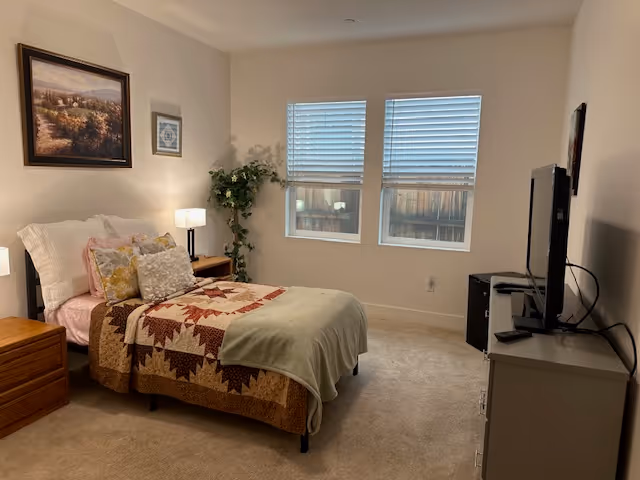 Bedroom in a senior living facility with a bed, dresser, TV, and two windows.