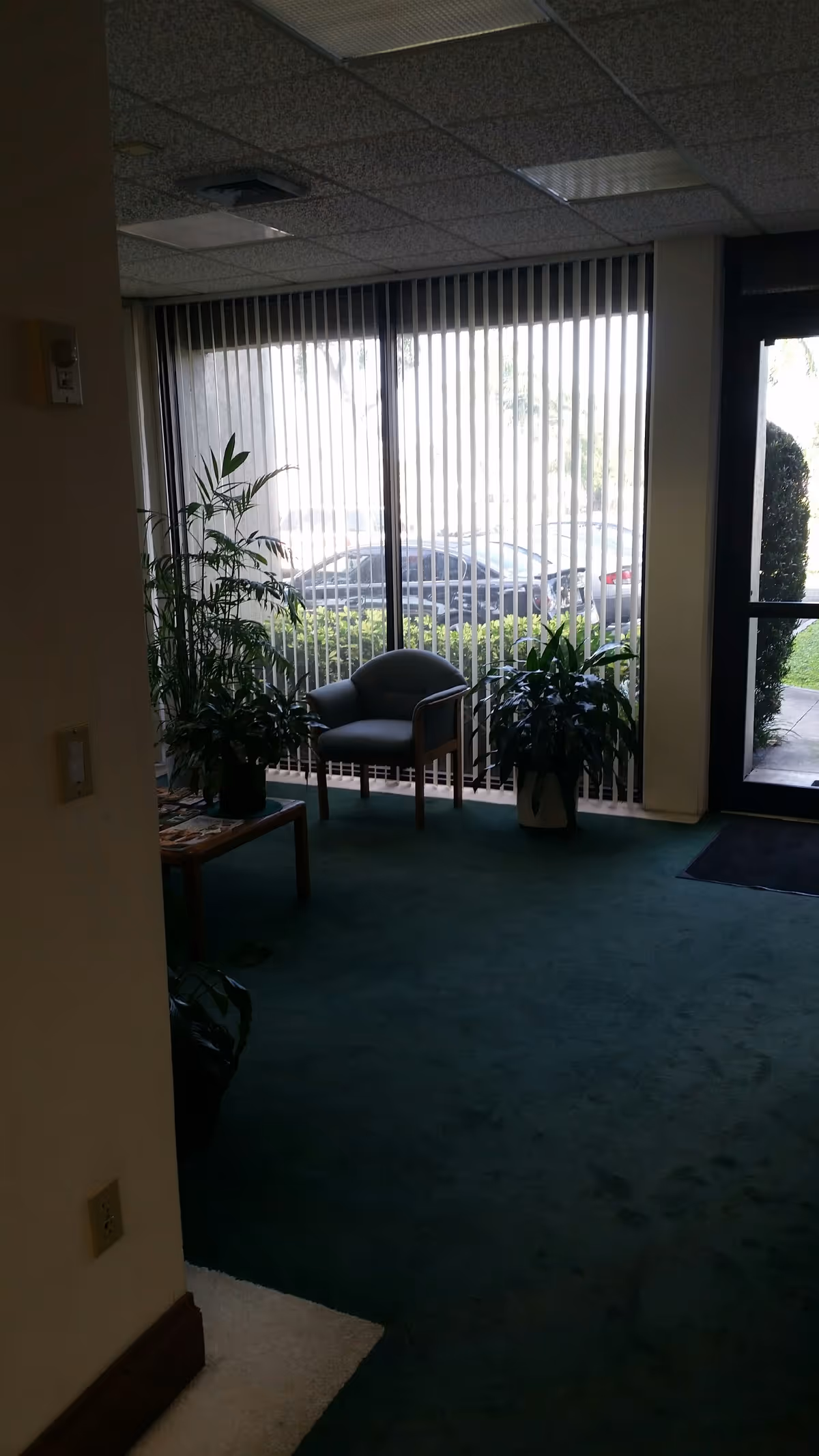 Interior lobby area with plants, a small chair, window blinds, and entrance door.
