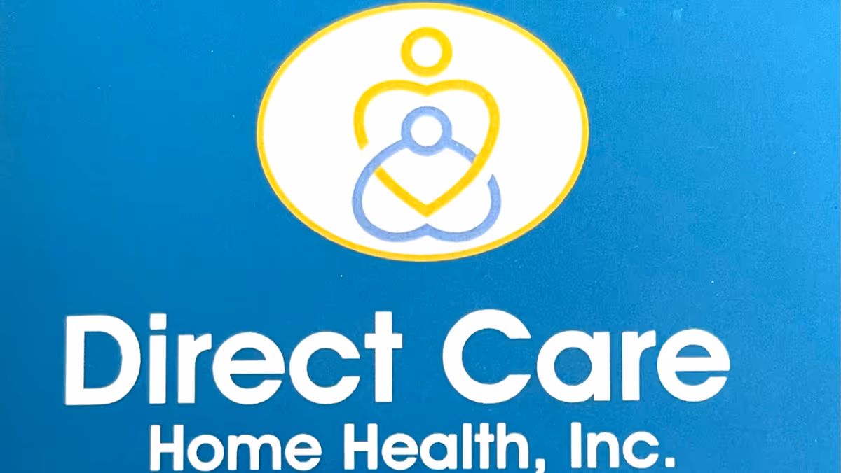 Blue sign displaying Direct Care Home Health, Inc. logo and text.