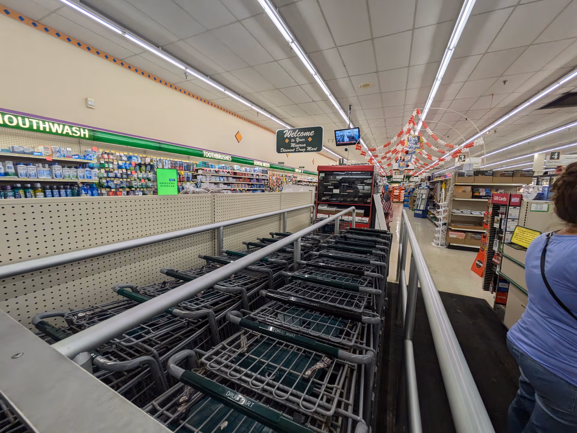 Interior of Discount Drug Mart with shopping carts lined up beside a long aisle.