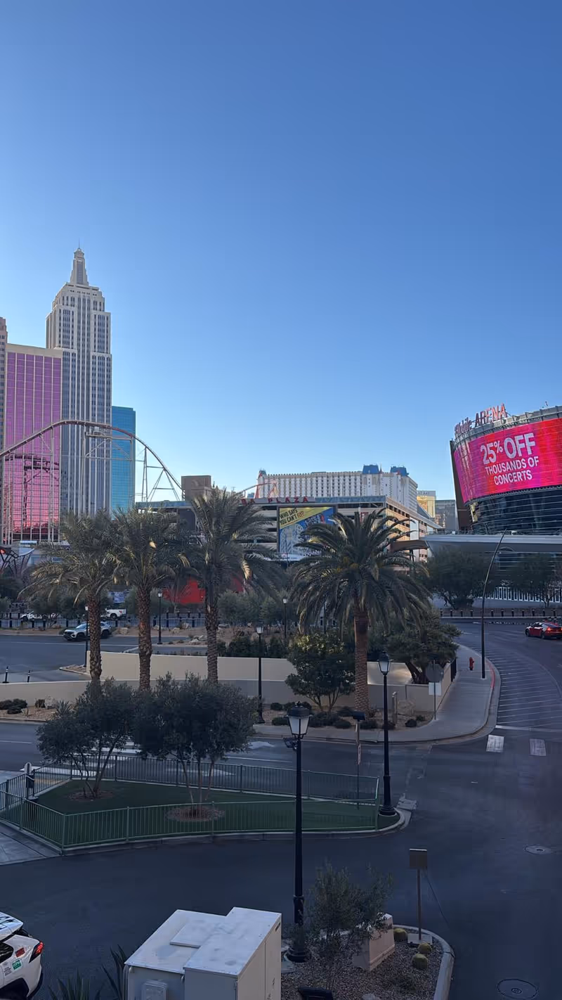 Outdoor Las Vegas cityscape with palm trees, high-rise casinos, and bright digital billboards.
