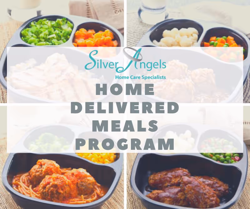 Assorted meals in divided trays on a table, promoting a home-delivered meals program.