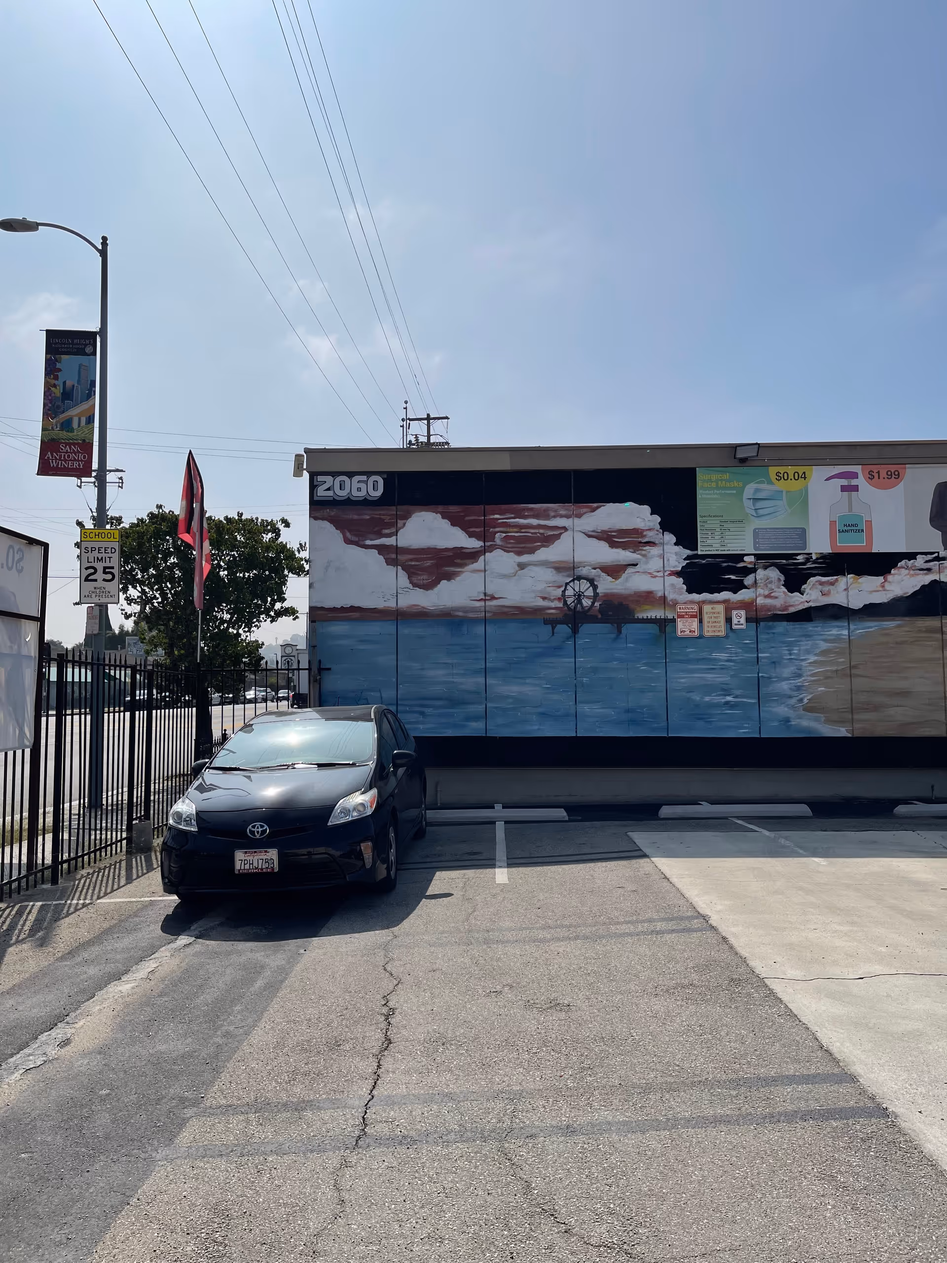 Exterior view of a mural-covered building with a parked car in foreground.