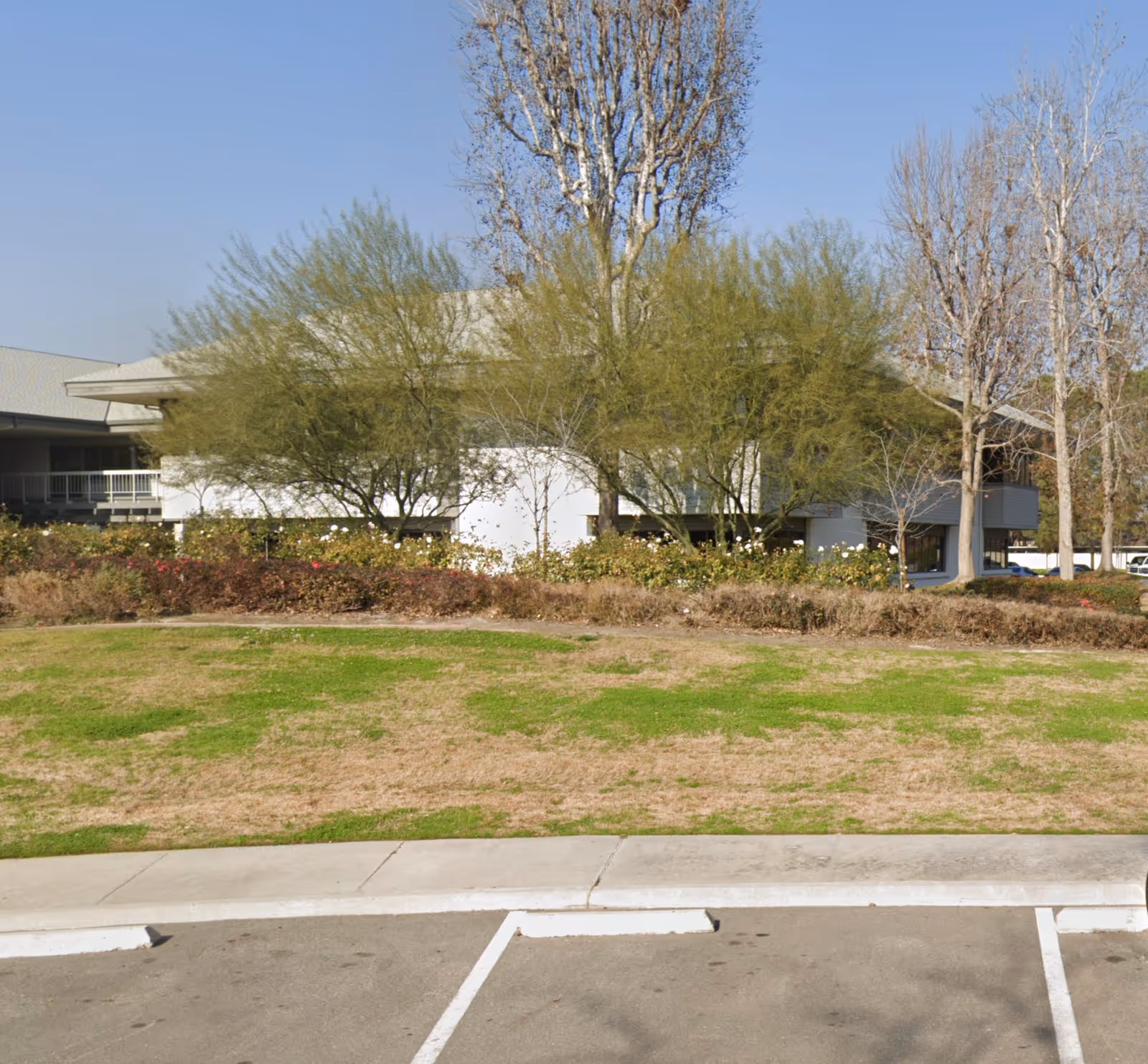 Exterior view of a Home Instead senior living facility with trees and a parking lot.