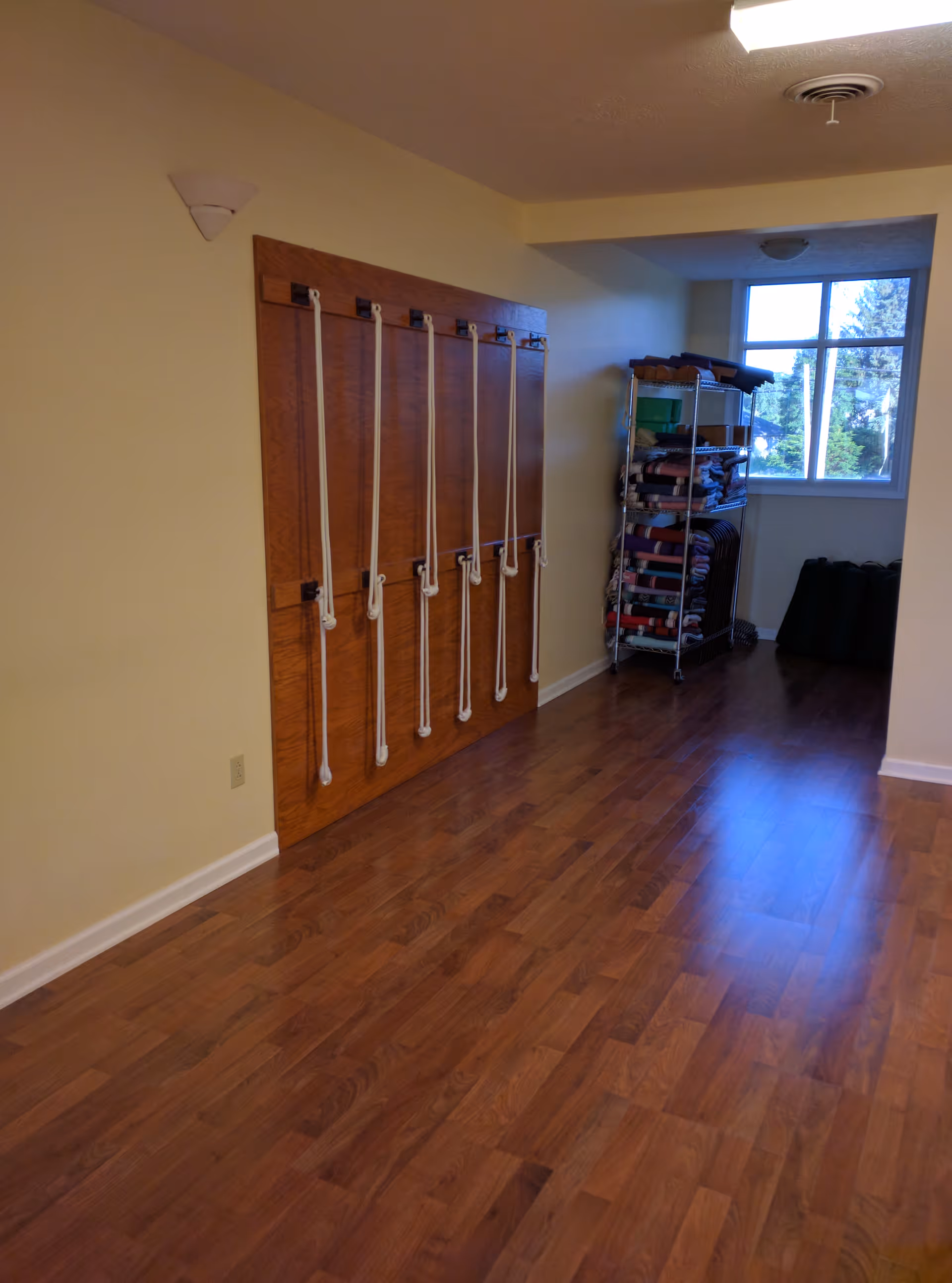 Therapy room with wall-mounted resistance bands and a towel shelf.