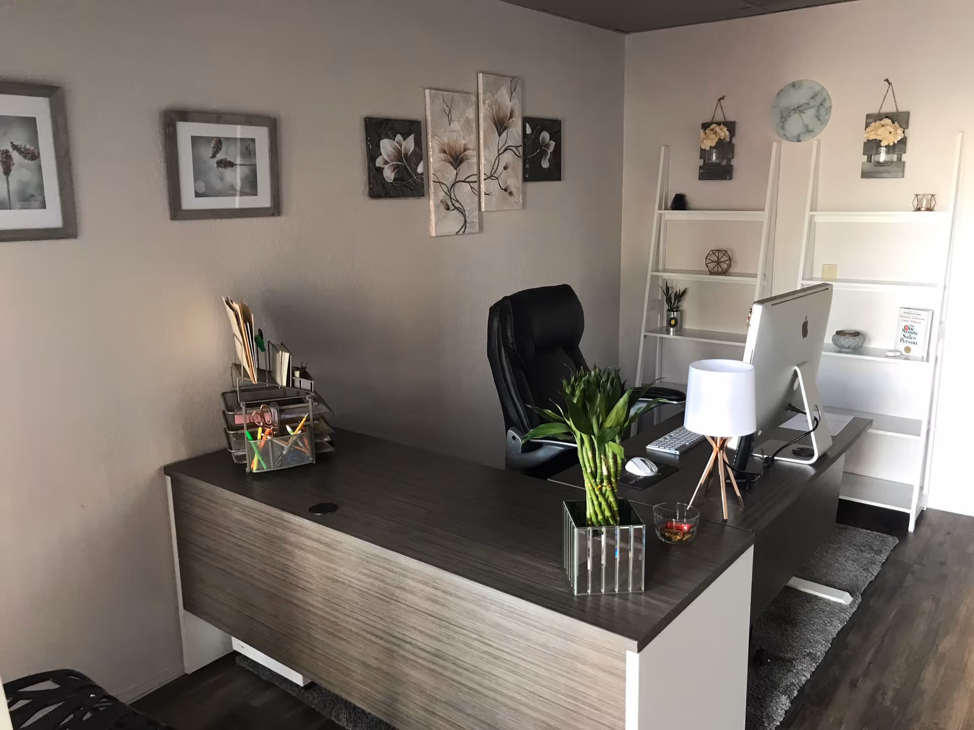 Reception desk with computer, chair, white shelves, plants, and framed wall art in an interior office.