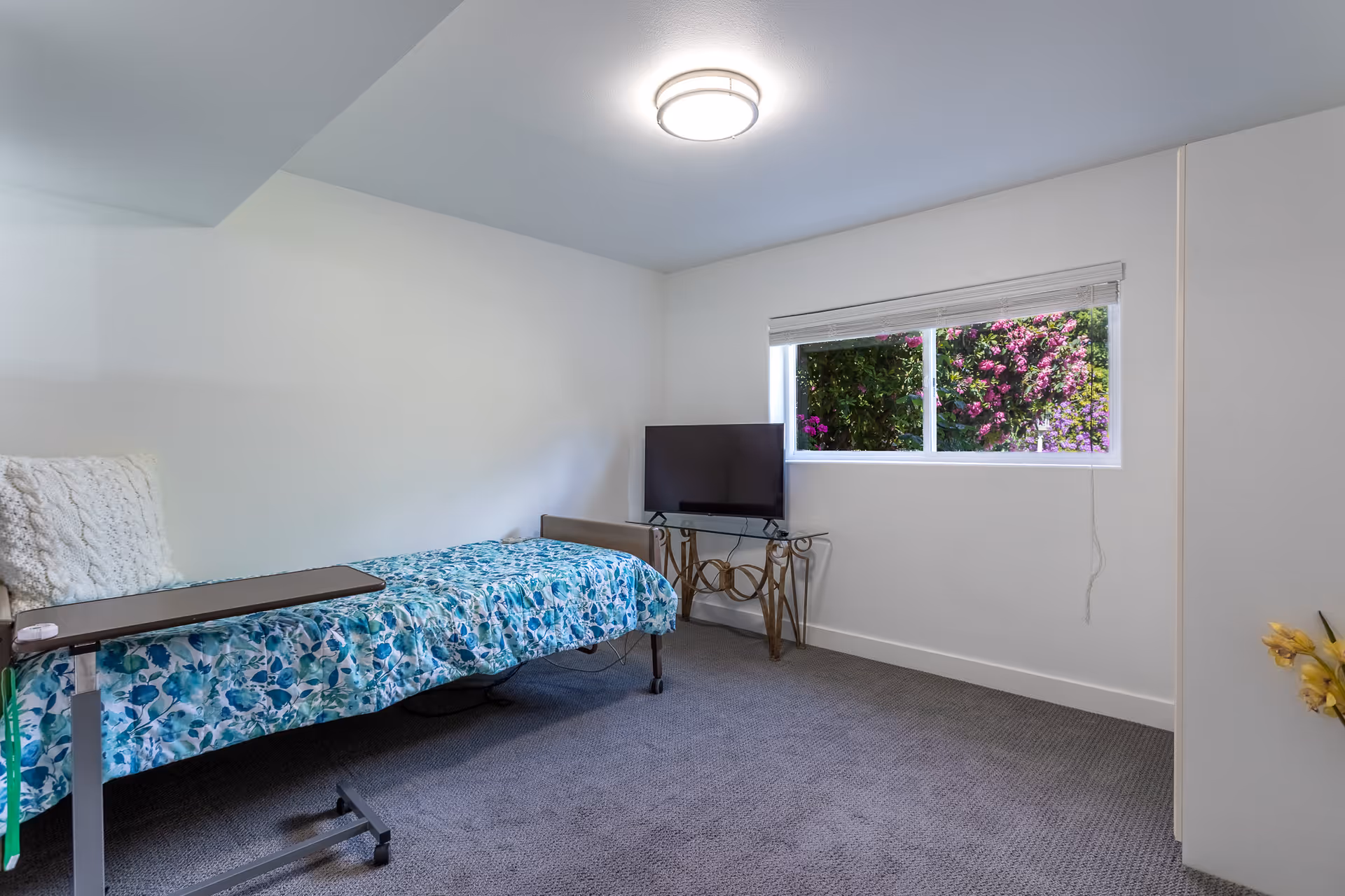 Small bedroom with a single bed, TV stand, and window overlooking greenery.