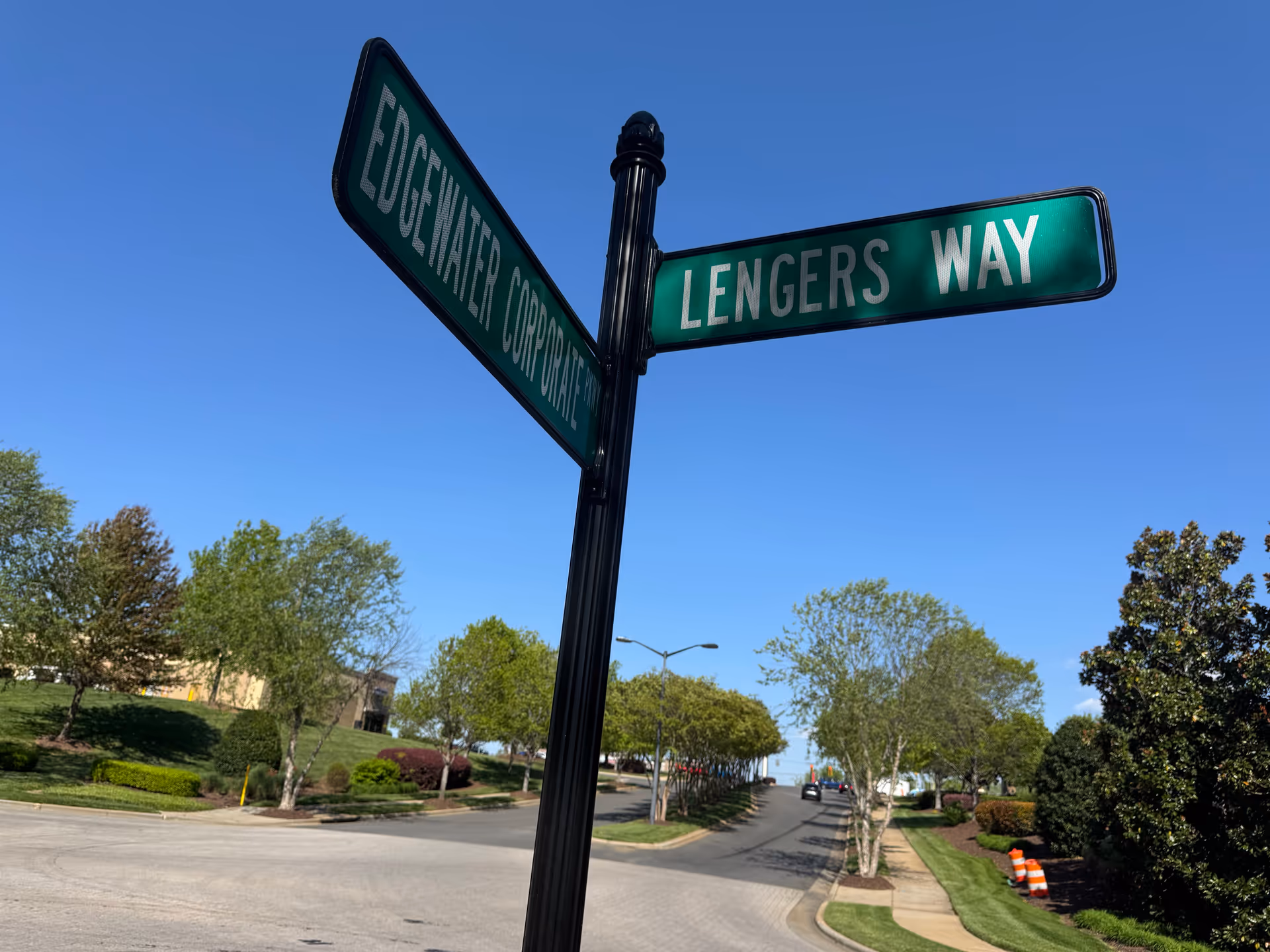 Blue sky over a street intersection with green street signs and trees.