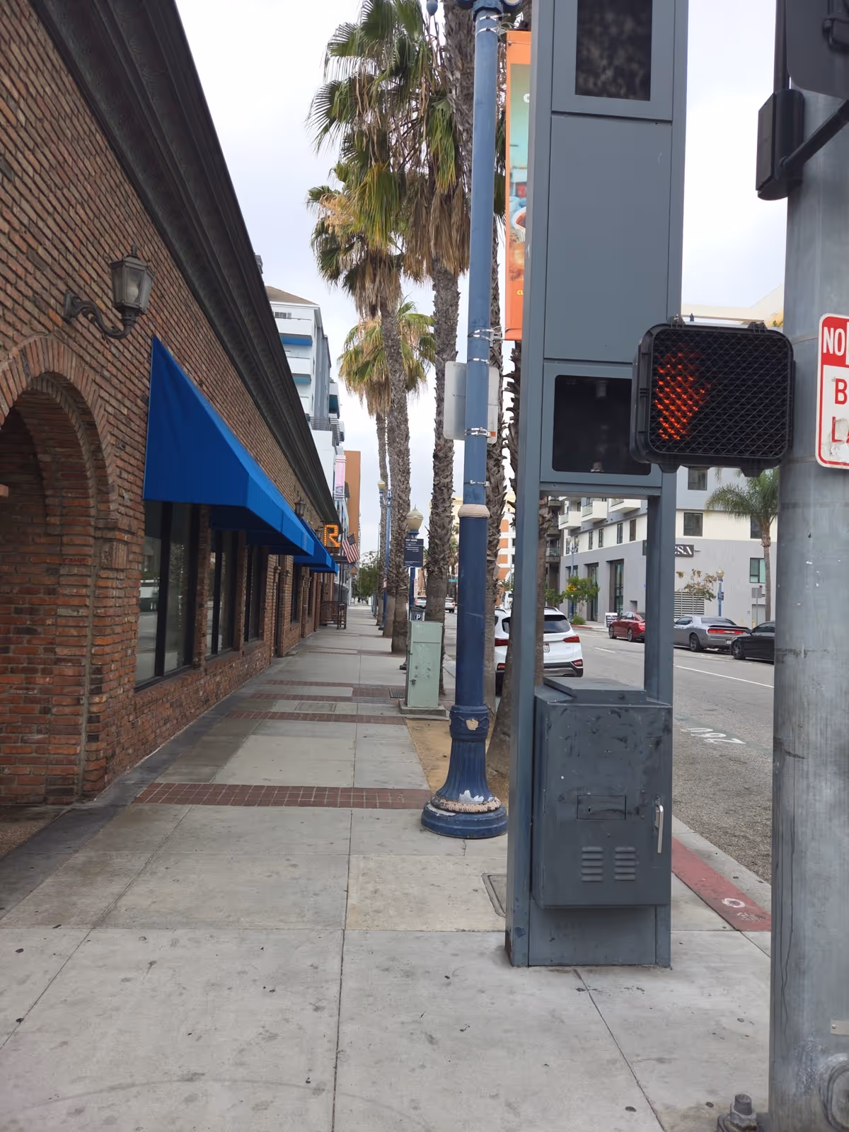 Brick storefronts with blue awnings line a palm-tree street sidewalk.