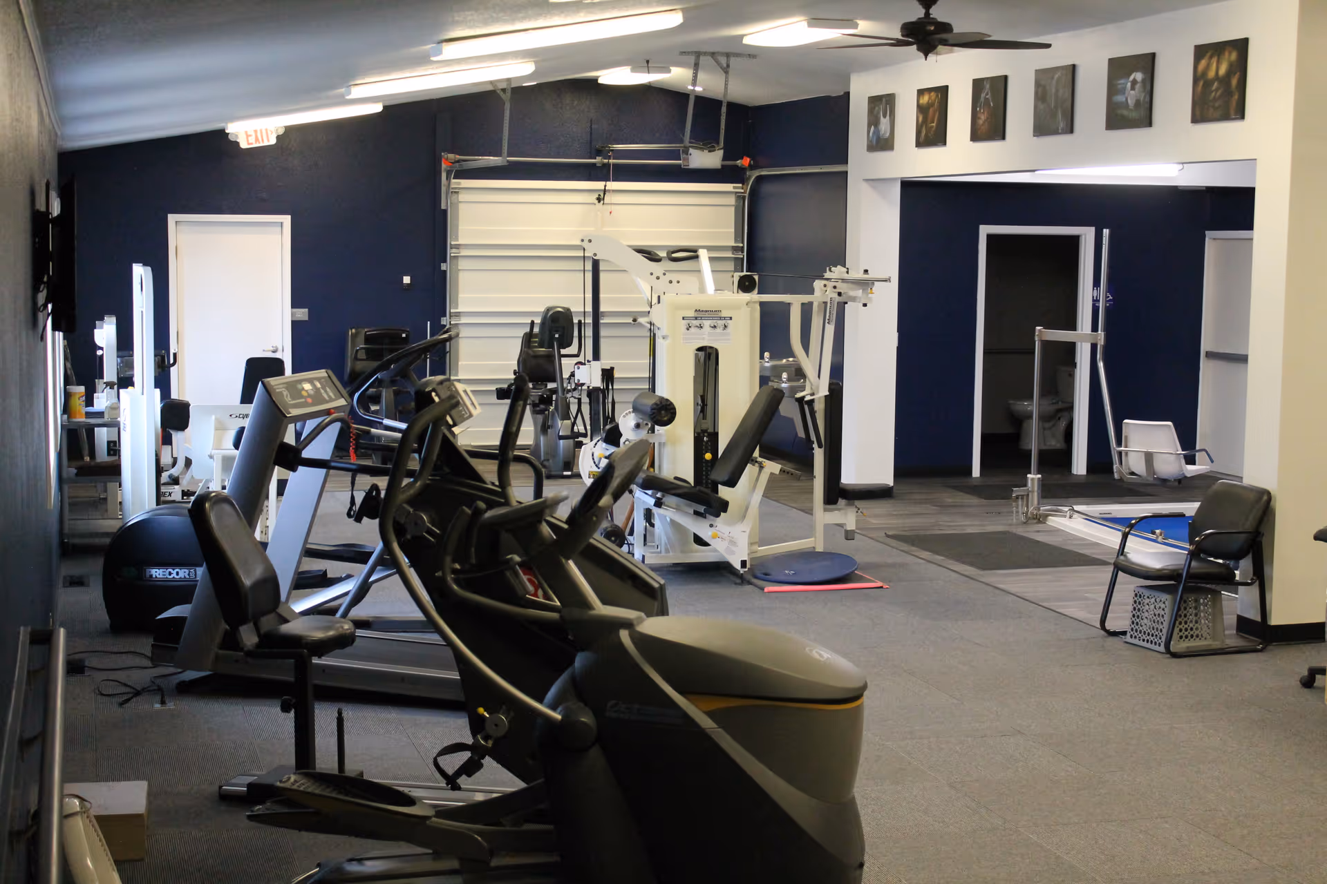 Physical therapy gym with treadmills, weight machines, and exercise equipment in a bright interior.