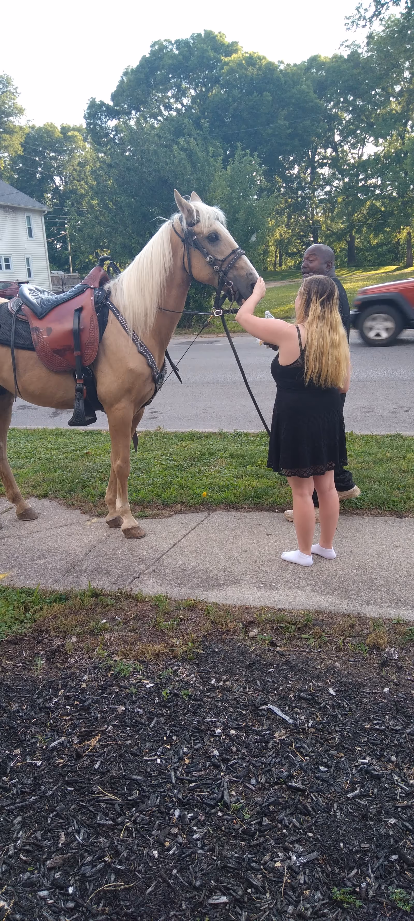 A girl holds a horse's bridle on a sidewalk beside a man.