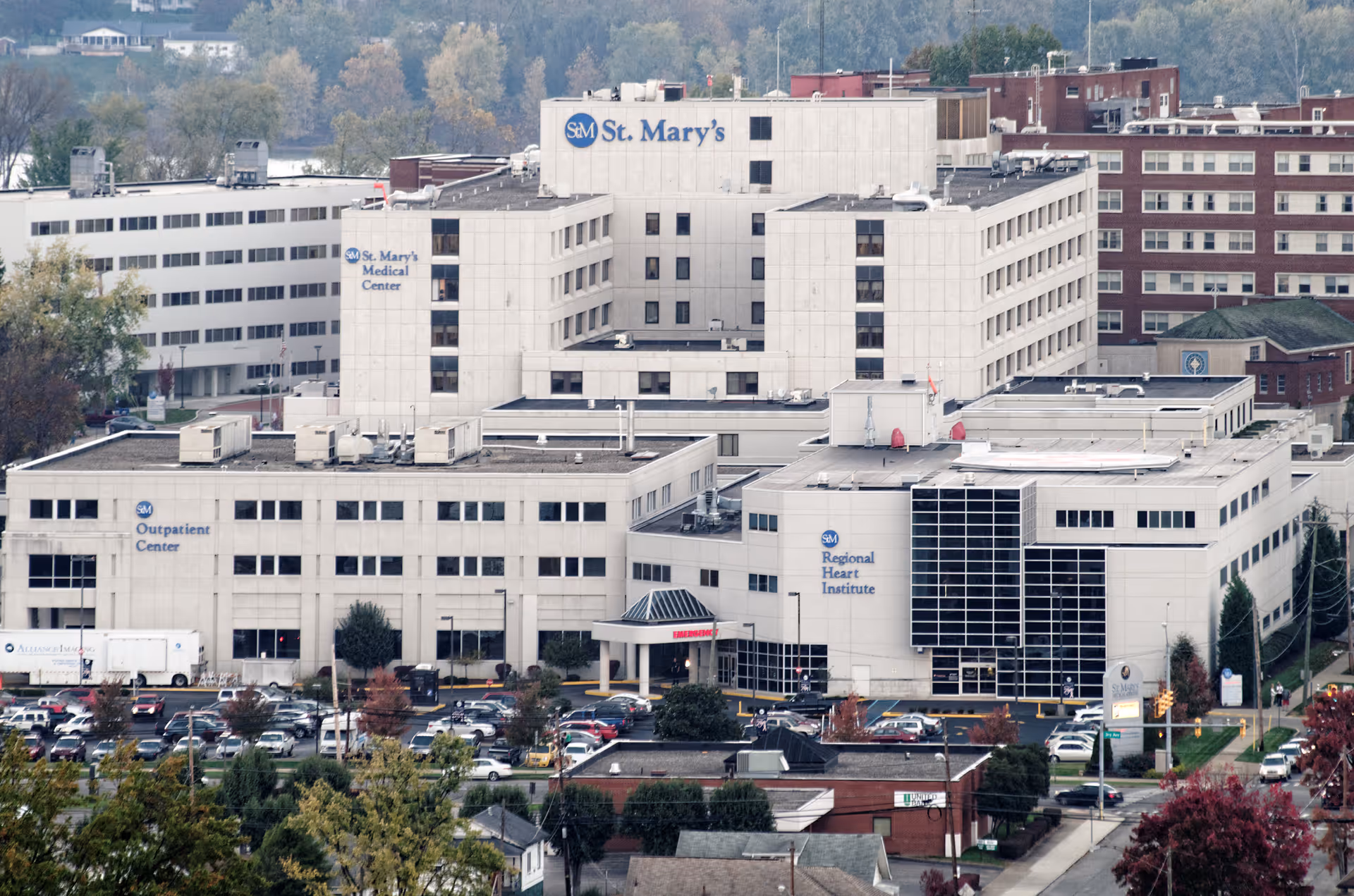 Aerial view of St. Mary's Medical Center campus with multiple connected white buildings.