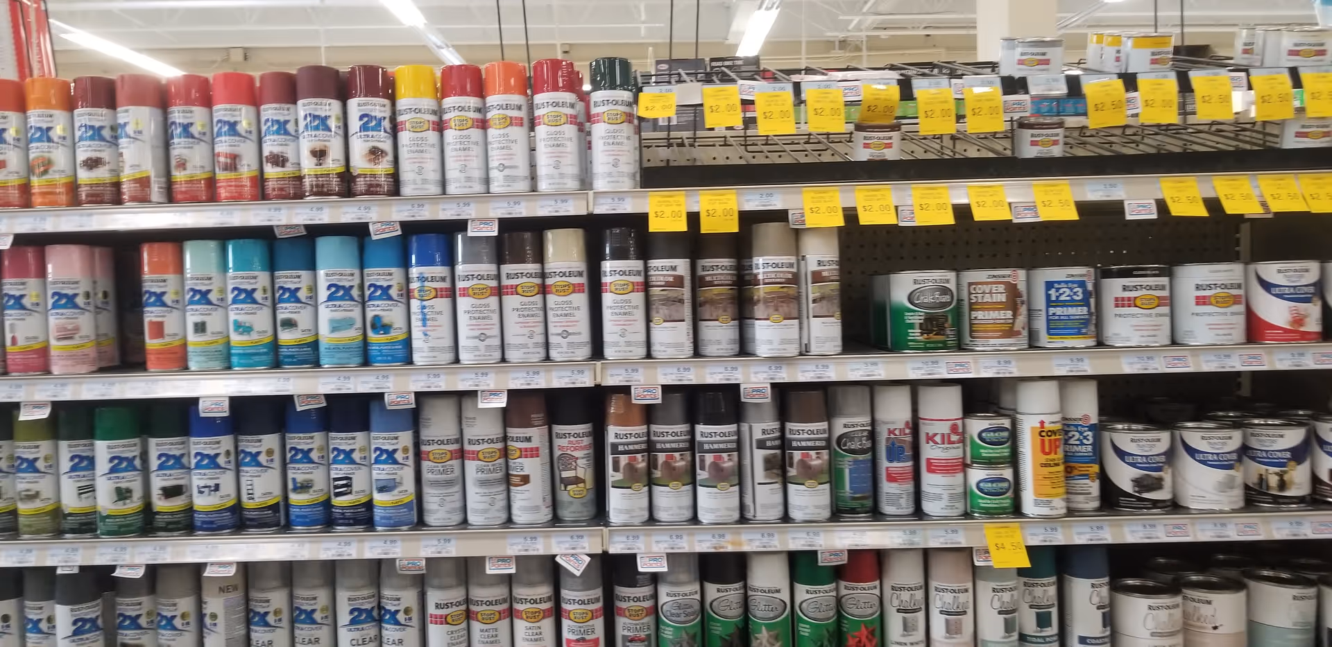 Rows of spray paint cans and painting supplies on store shelves.