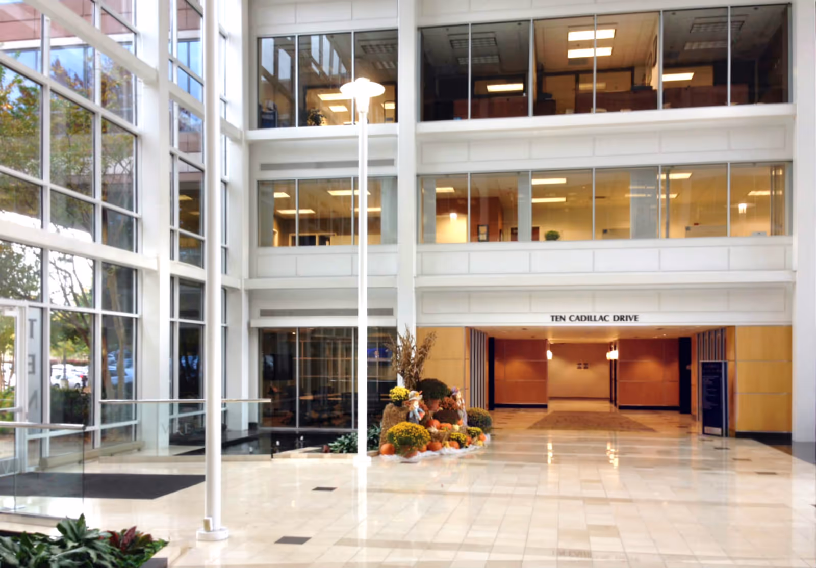 Bright modern atrium lobby with large glass walls and autumn floral arrangement.