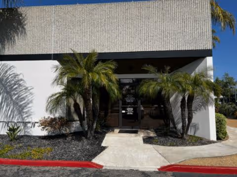Front entrance of a white building with palm trees and a paved walkway.