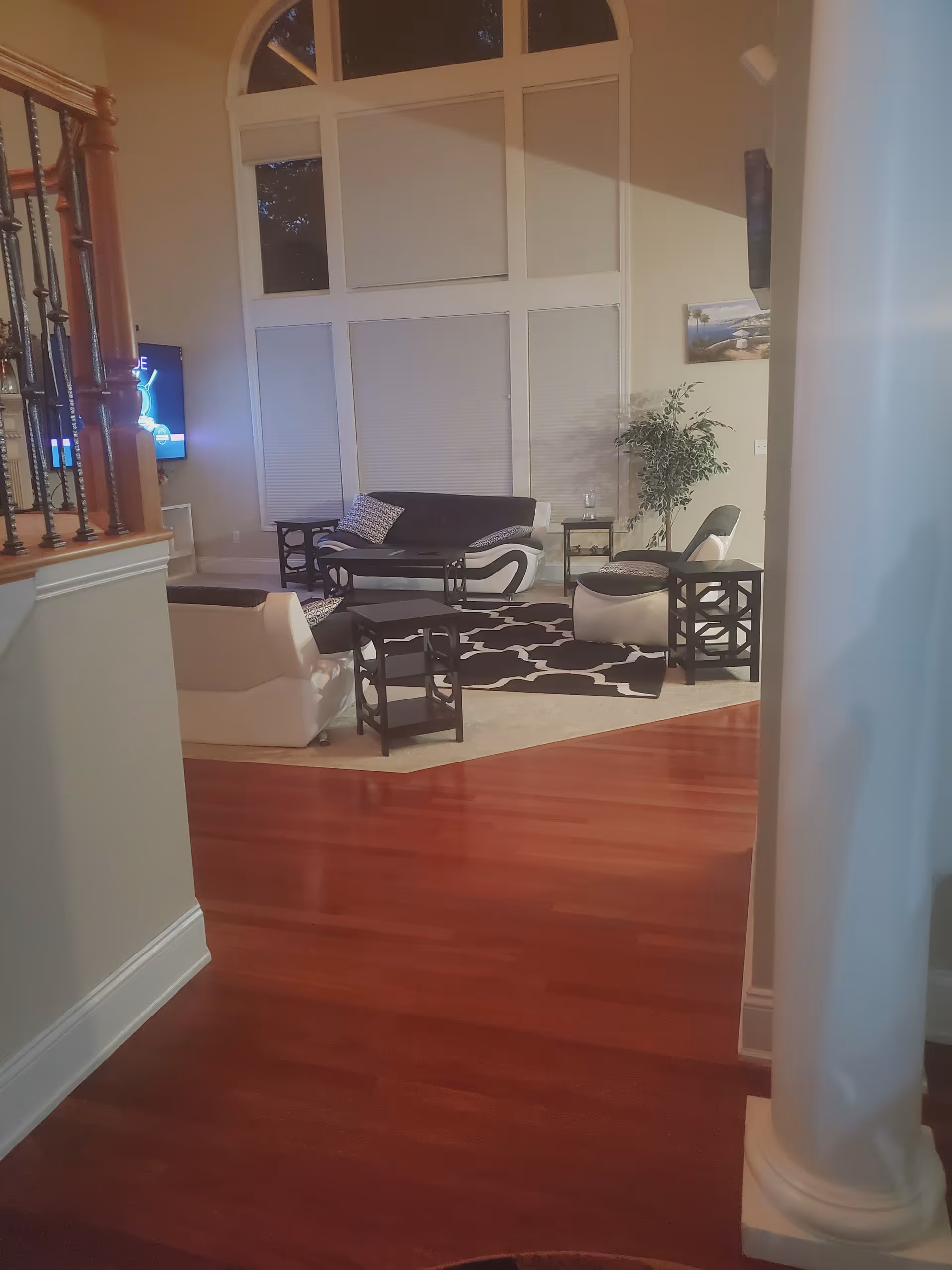Spacious living room with modern seating, rug, plant, and a large arched window.