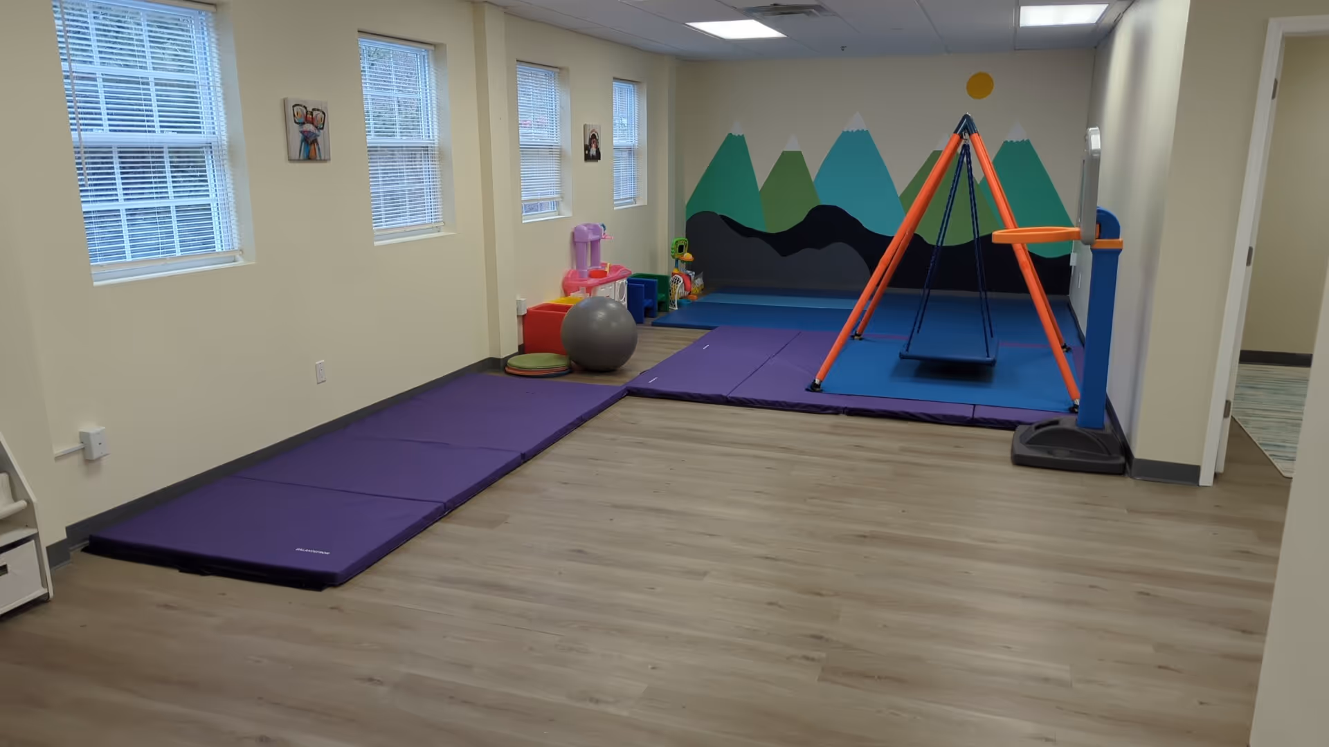 Indoor therapy room with purple mats, swing, and mountain mural on wall.