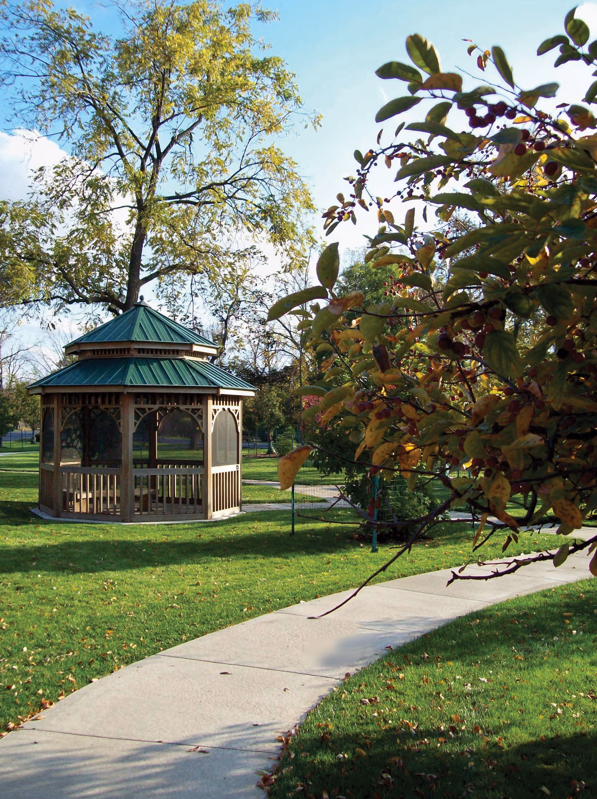 A wooden gazebo sits in a sunny park beside a curved concrete path.