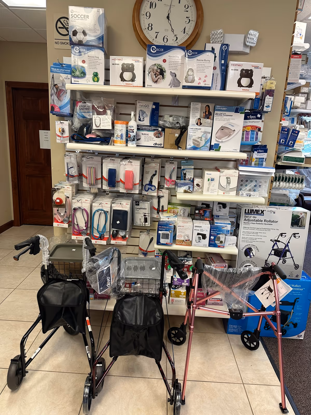 Interior of Carepaks Health Services supply area with walkers and medical devices on shelves