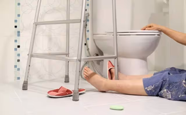 A person lies on the bathroom floor beside a toilet with a walker nearby.