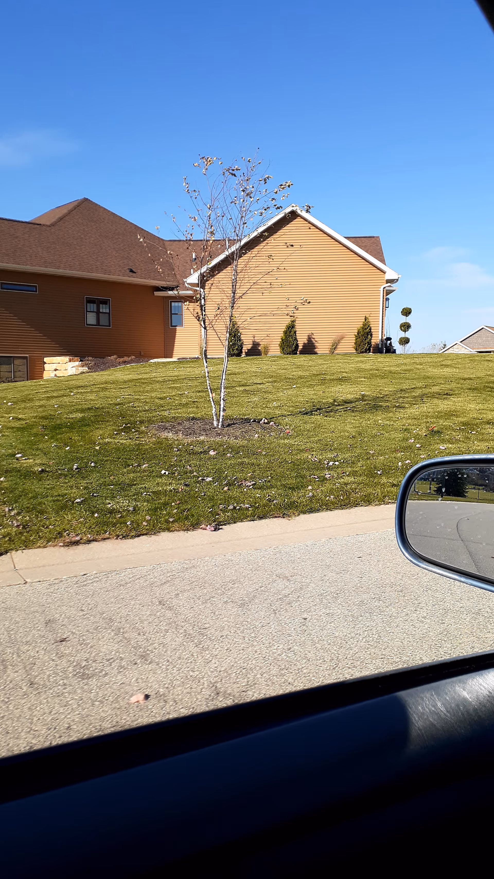 Exterior view of a brown-siding senior living facility with a grassy lawn and blue sky.
