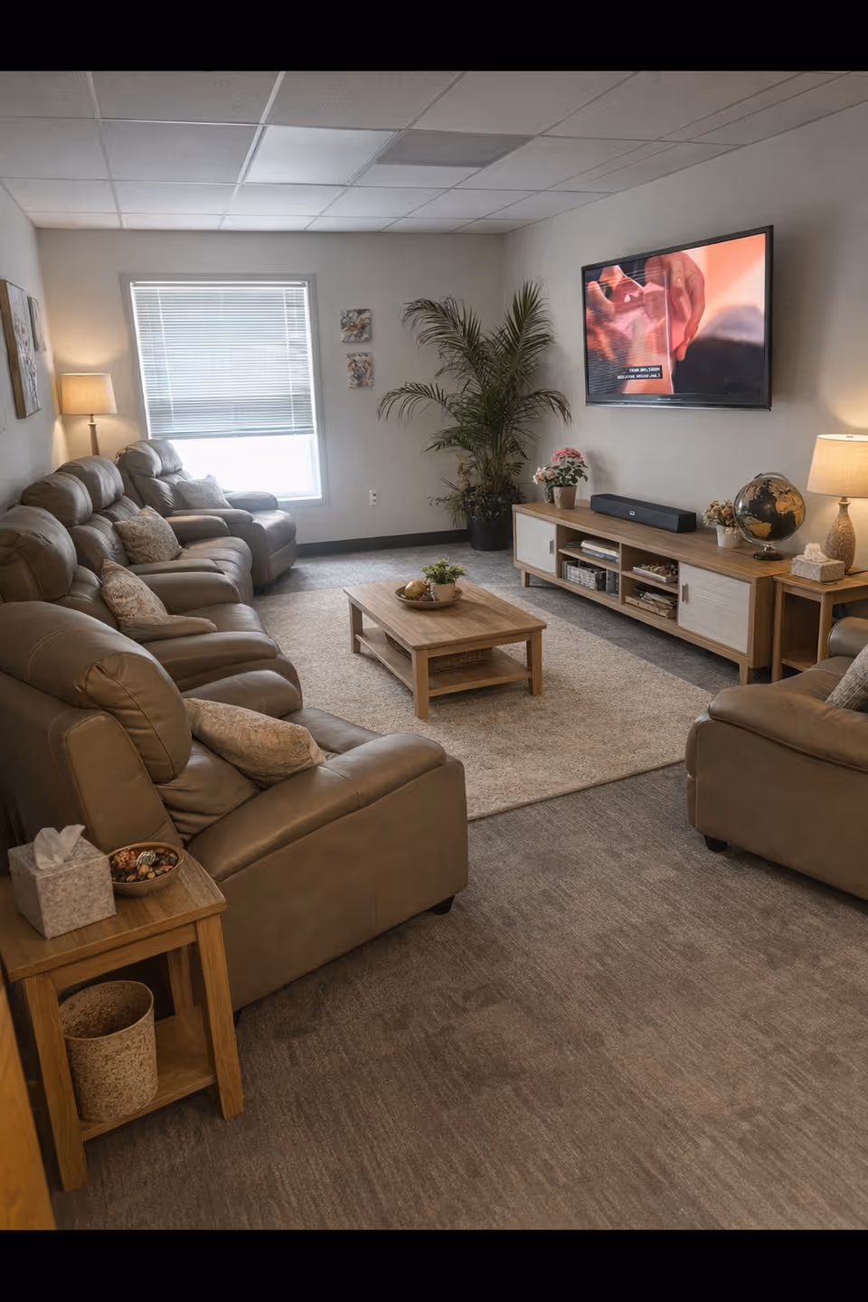 A cozy living room with tan leather sofas, a TV, plants, and a central coffee table.