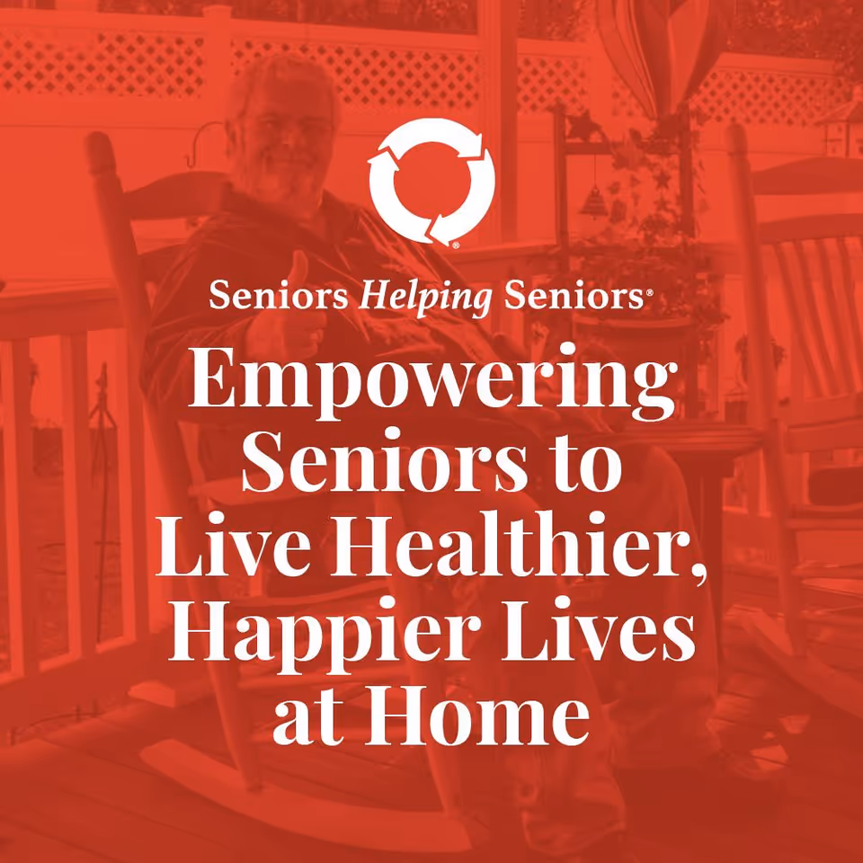Older man seated on a porch rocking chair with a red promotional overlay and logo