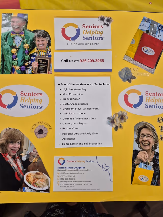 Bright yellow display board with Seniors Helping Seniors logos, photos, and a service list