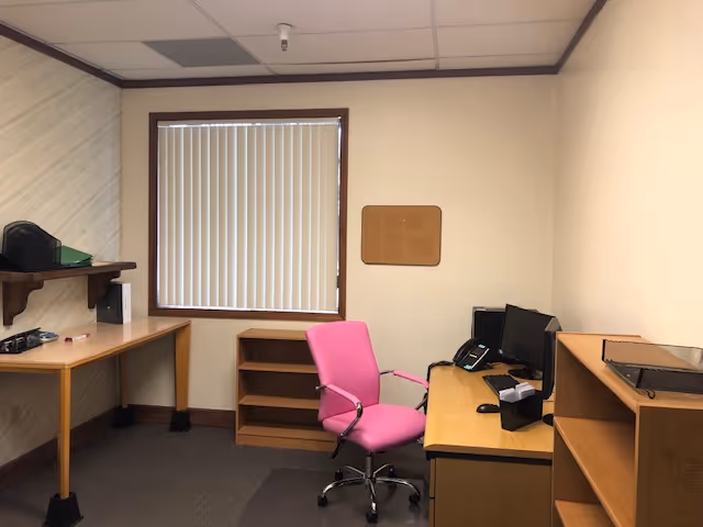 Office workspace with pink chair, computers, and shelves by a window.