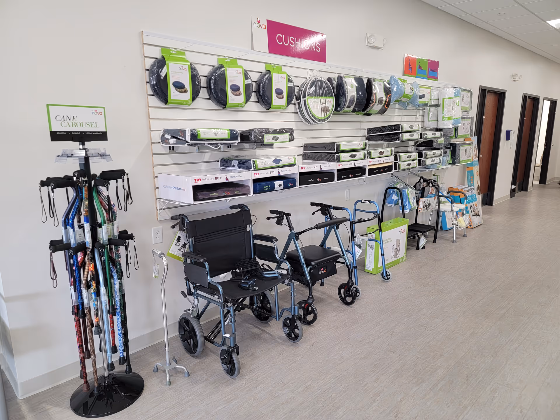 UW Health Home Care Services showroom displaying canes, walkers, wheelchairs, and organized medical supply shelves.