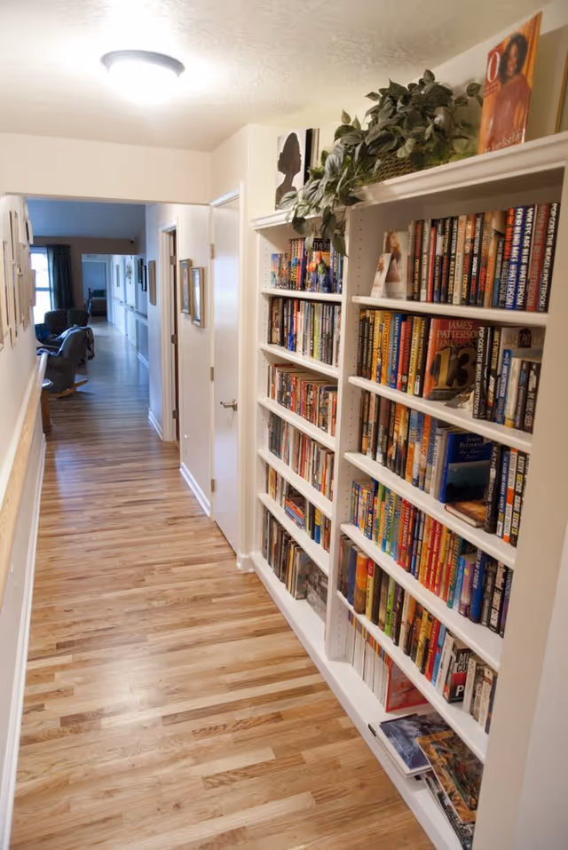 Bright interior hallway with white bookshelves full of colorful books and a green plant on top.