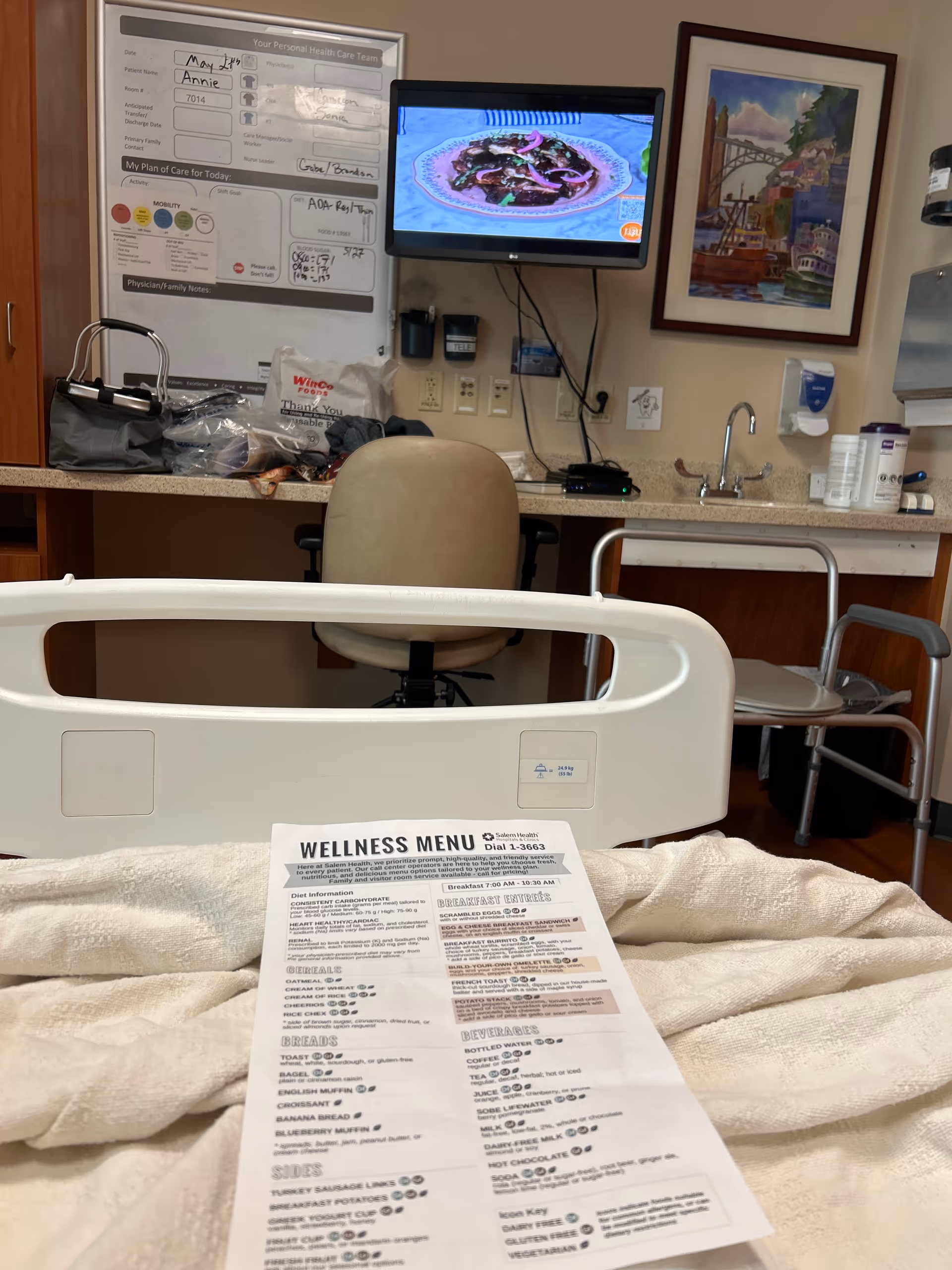Hospital patient room with bed, chair, monitor, whiteboard, TV, sink, framed art, and wellness menu.