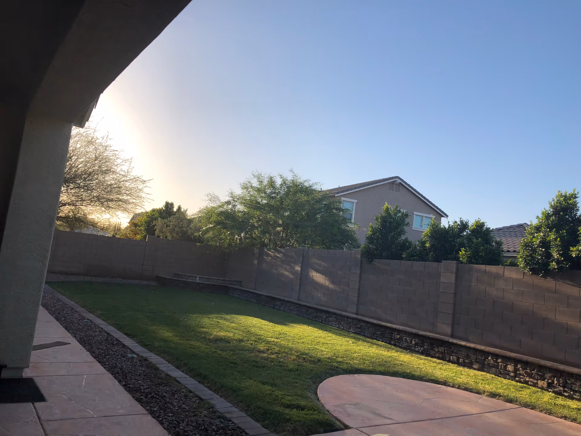 Sunlit backyard at Arden Valley Homecare with green lawn, trees, and curved concrete patio.
