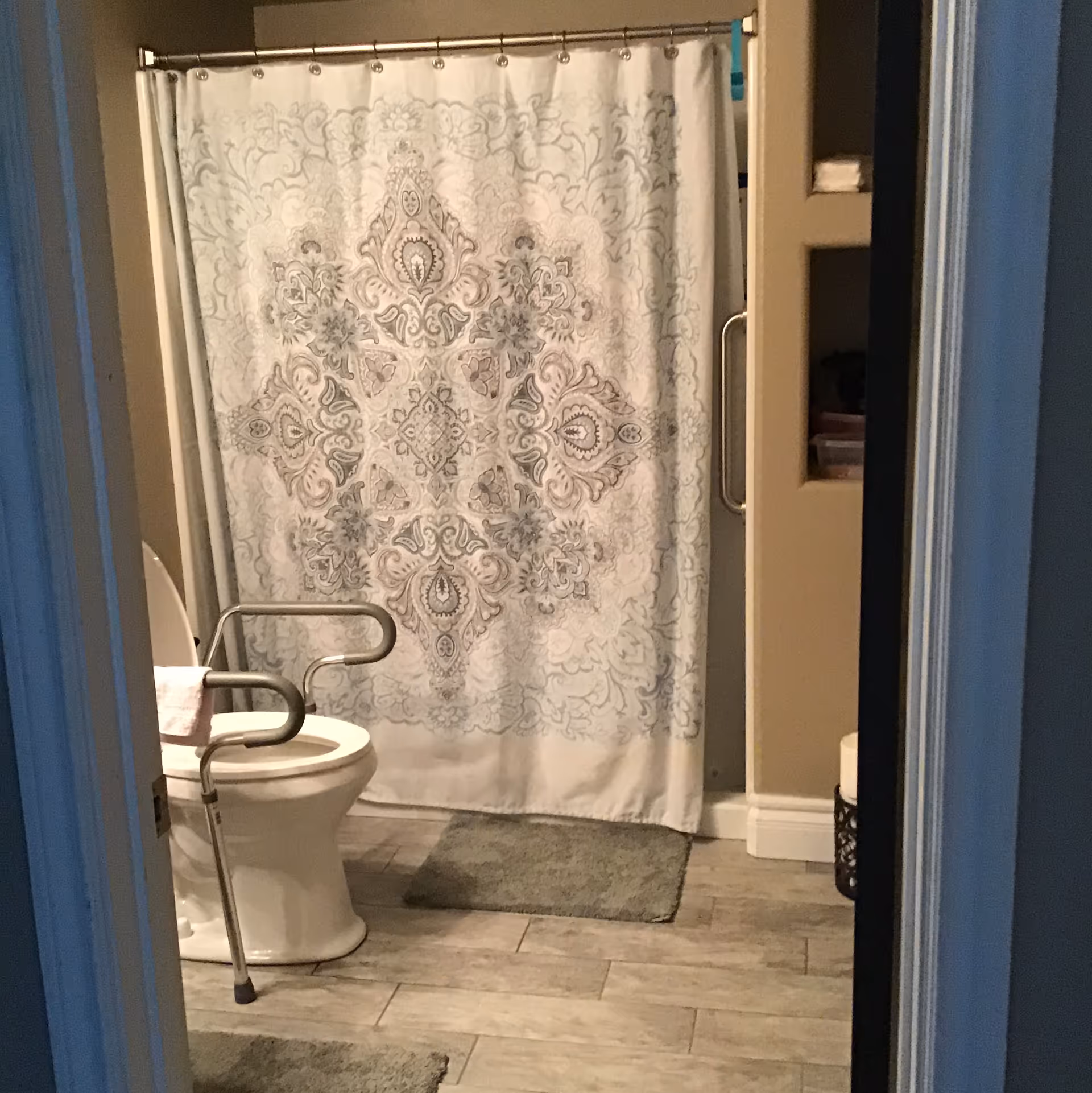 Bathroom with patterned shower curtain, toilet, grab bars, and storage cabinet.
