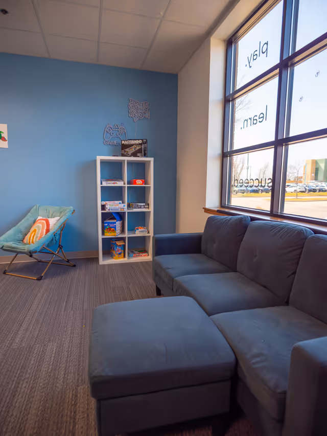 Blue-walled lounge with a sectional sofa, chair, and a shelving unit in a bright living room.